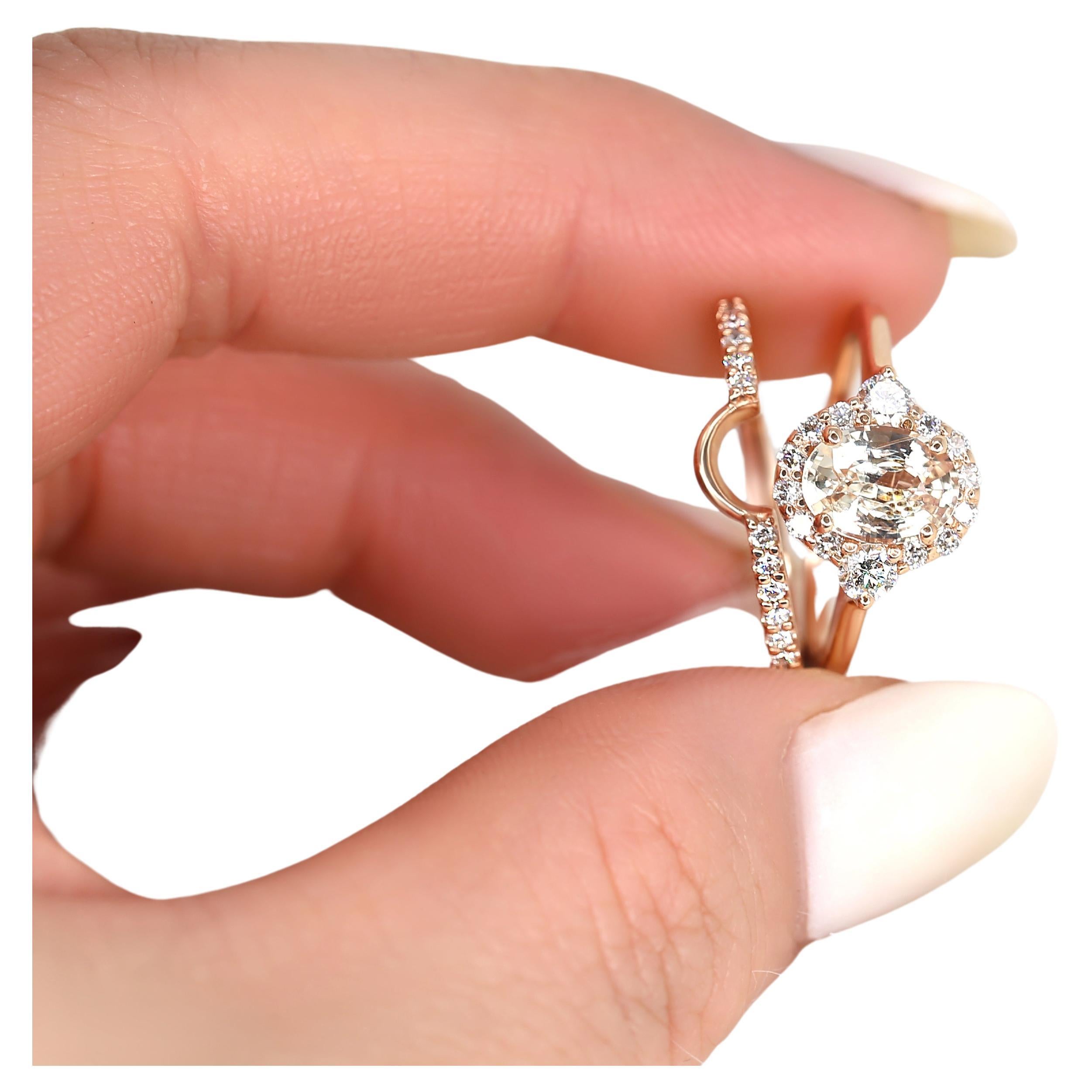 1.41ct Britney 14kt Peach Champagne Sapphire Diamond Unique Halo Bridal Set For Sale