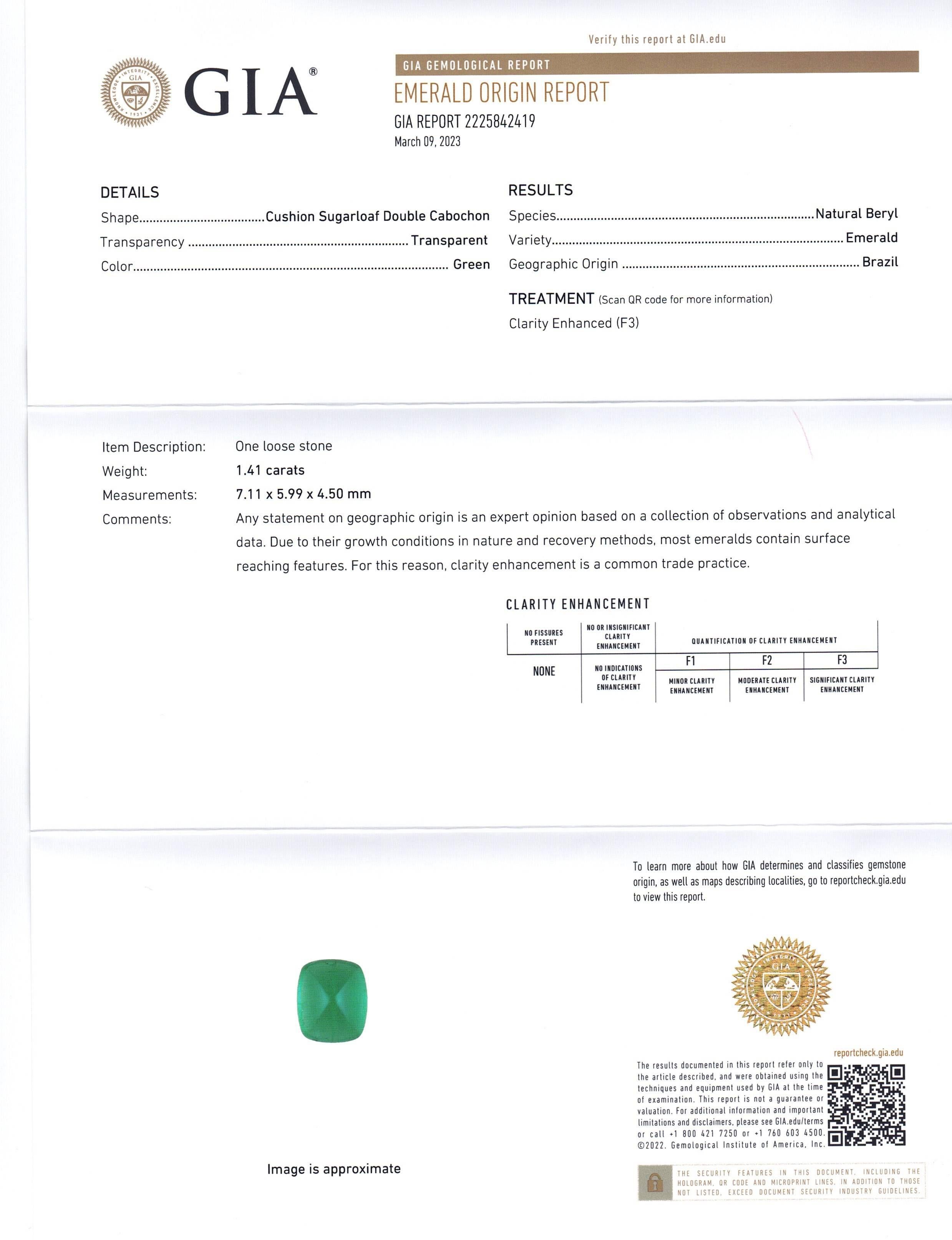 1.41ct Cushion Sugarloaf Double Cabochon Green Emerald certifié GIA (Brésil)   Unisexe en vente
