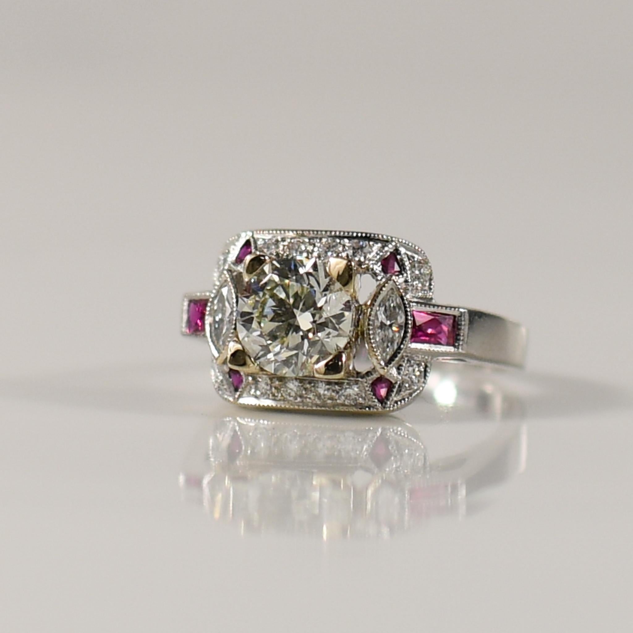Brilliant Cut 1.41ct Diamond Art Deco Inspired Engagement Ring w Ruby & Diamond accents For Sale