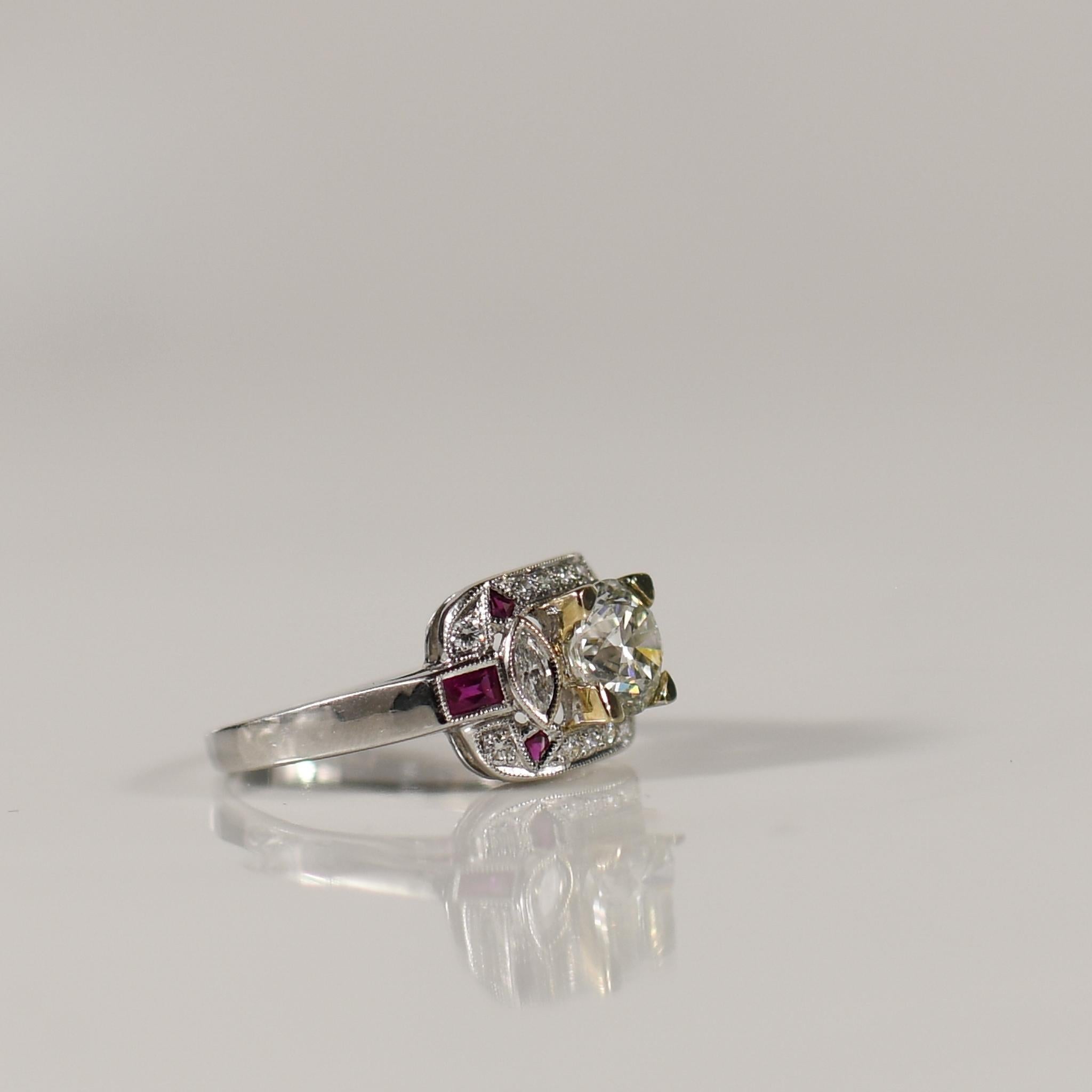 1.41ct Diamond Art Deco Inspired Engagement Ring w Ruby & Diamond accents In Good Condition For Sale In Addison, TX