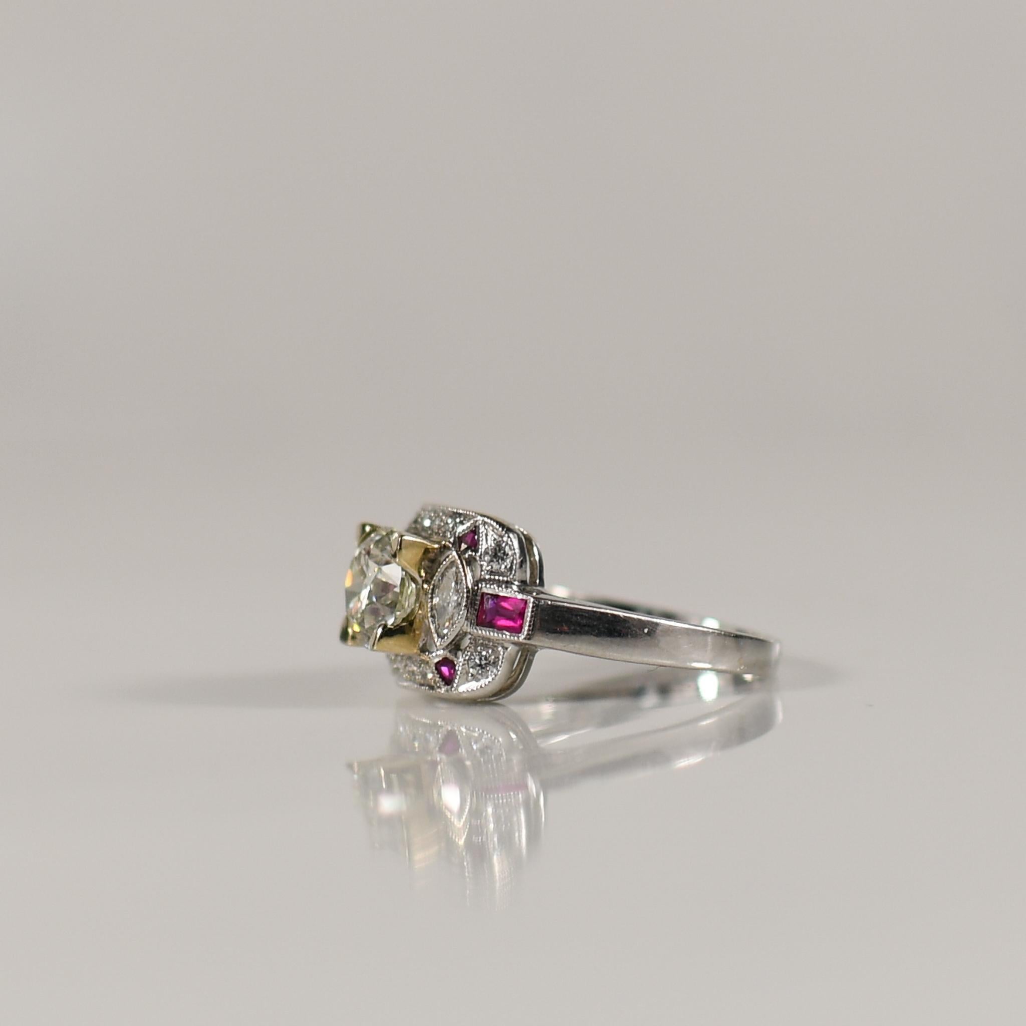 1,41 Karat Diamant Art Deco inspirierter Verlobungsring mit Rubin & Diamant-Akzenten Damen im Angebot
