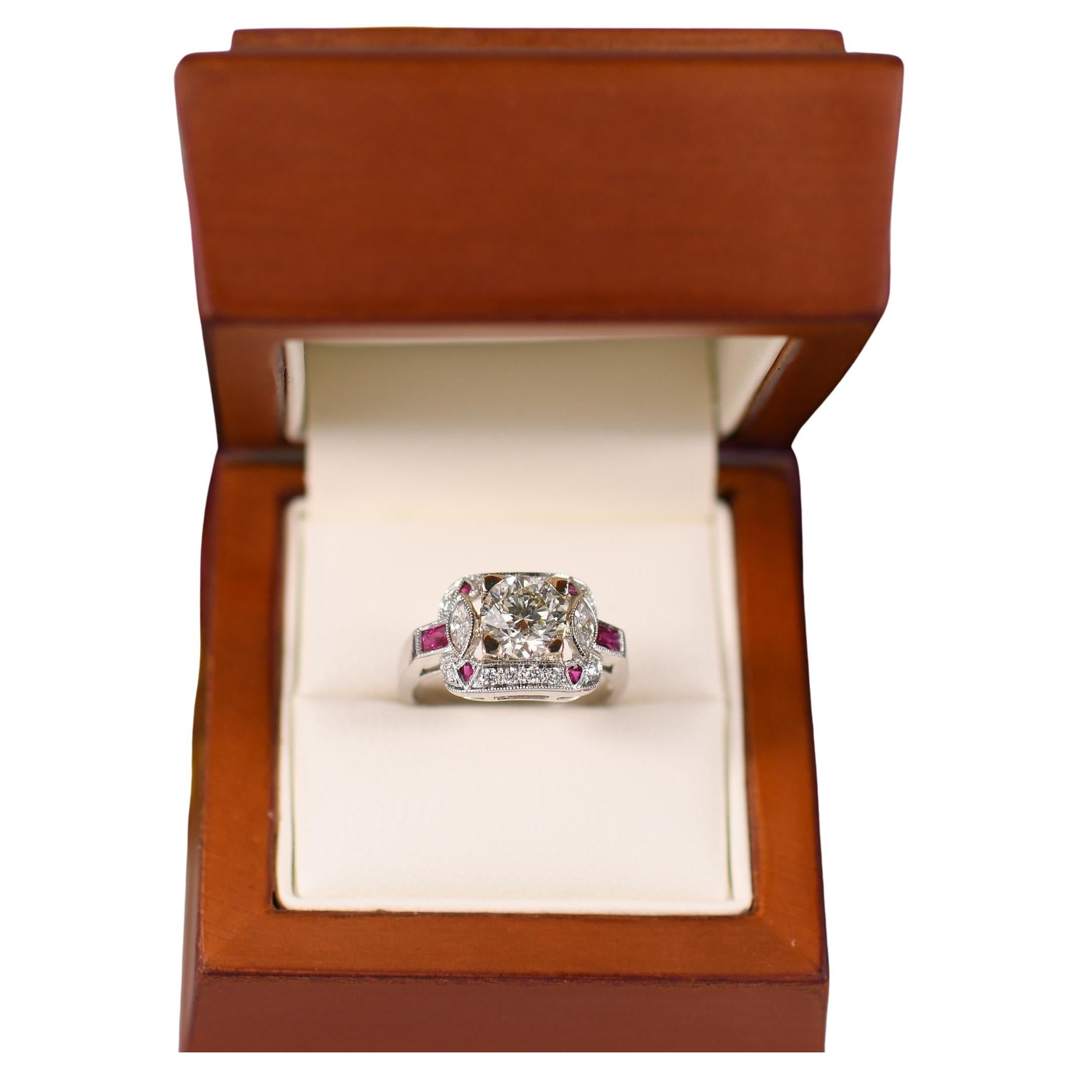 1.41ct Diamond Art Deco Inspired Engagement Ring w Ruby & Diamond accents For Sale
