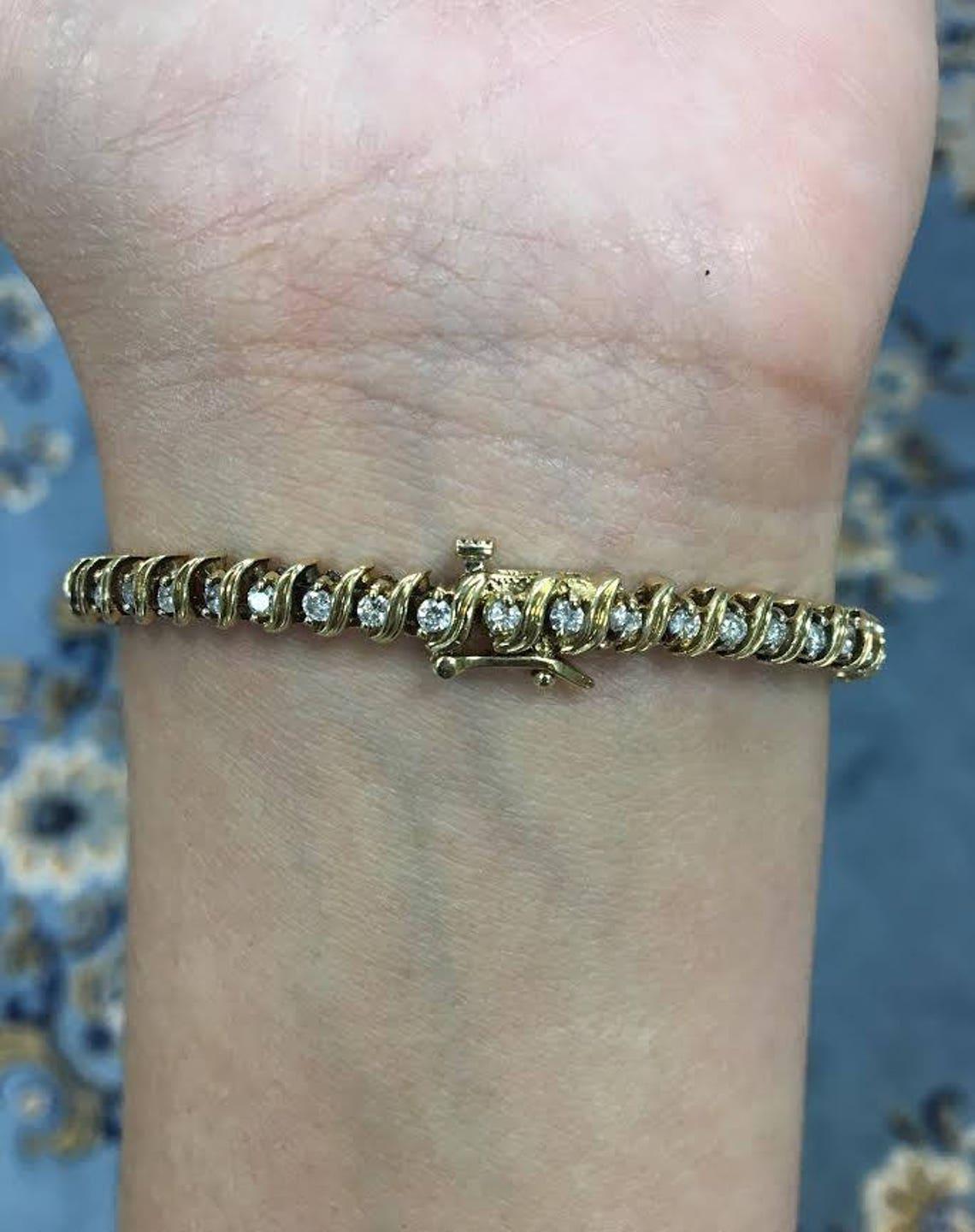 Round Cut 1.41ct Diamond Tennis Bracelet – 14K Yellow Gold, Elegant S-Link Anniversary For Sale