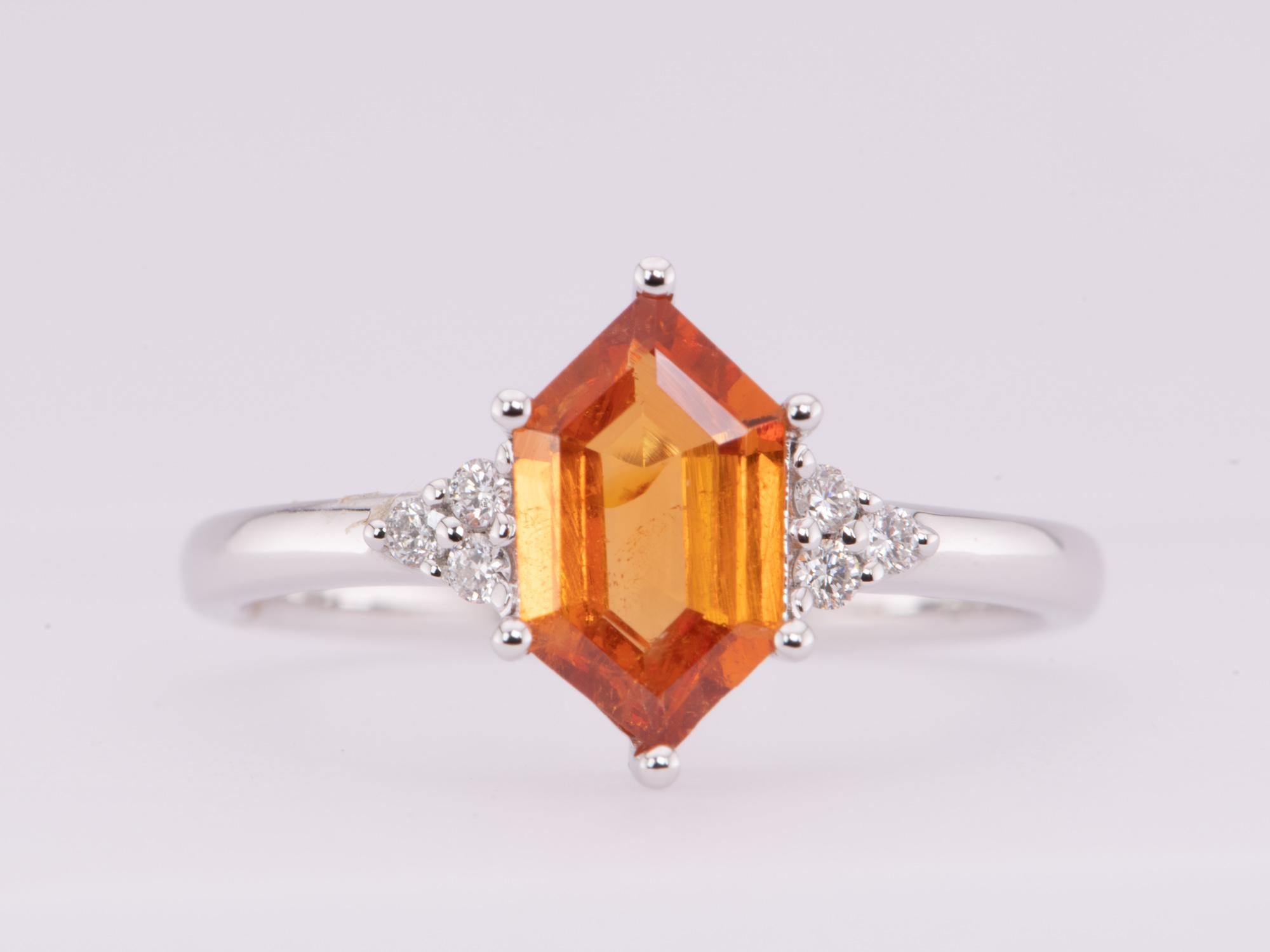 1.41ct Hexagon Shape Mandarin Orange Garnet 14K White Gold Engagement Ring  For Sale 1