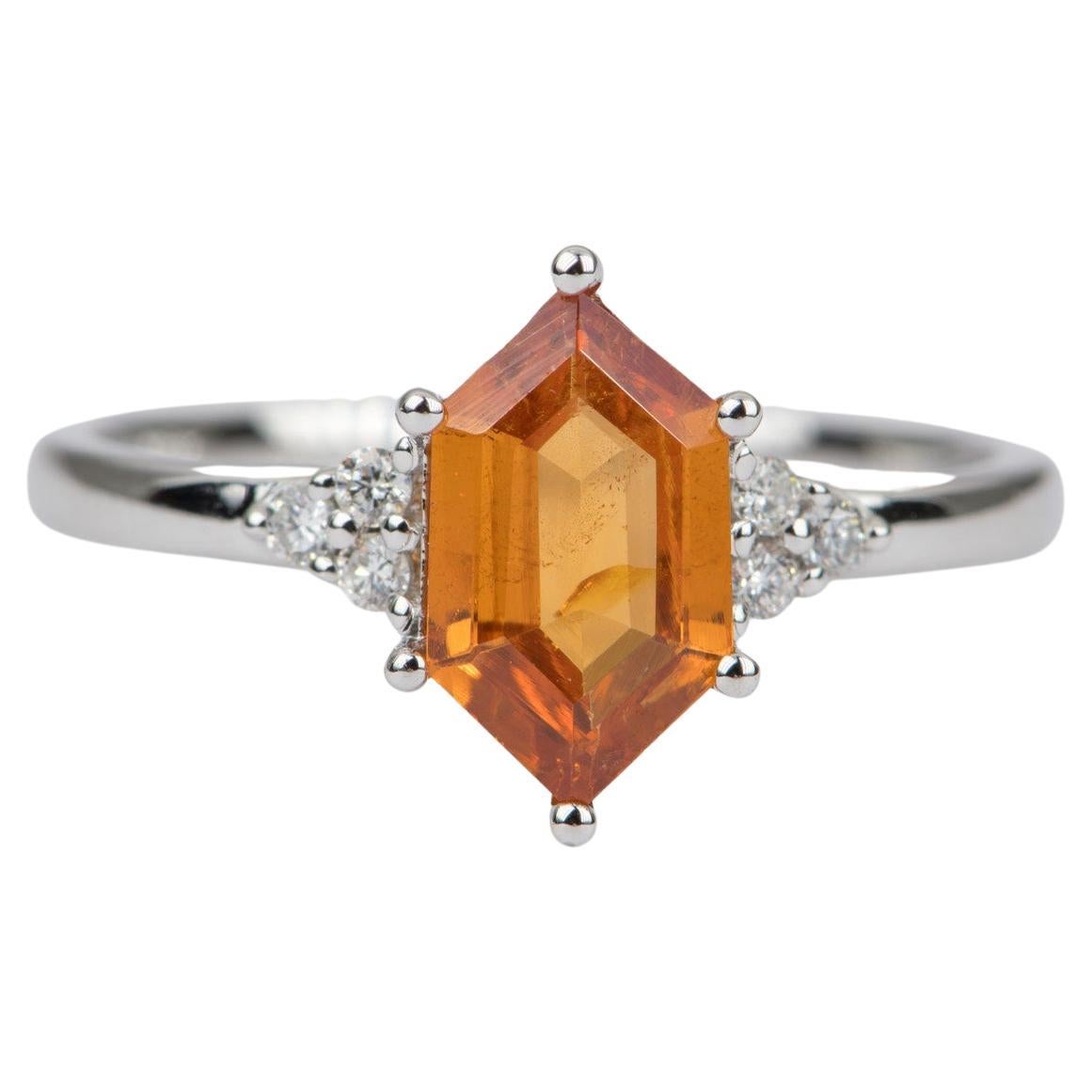 1.41ct Hexagon Shape Mandarin Orange Garnet 14K White Gold Engagement Ring