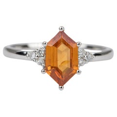 1.41ct Hexagon Shape Mandarin Orange Garnet 14K White Gold Engagement Ring 