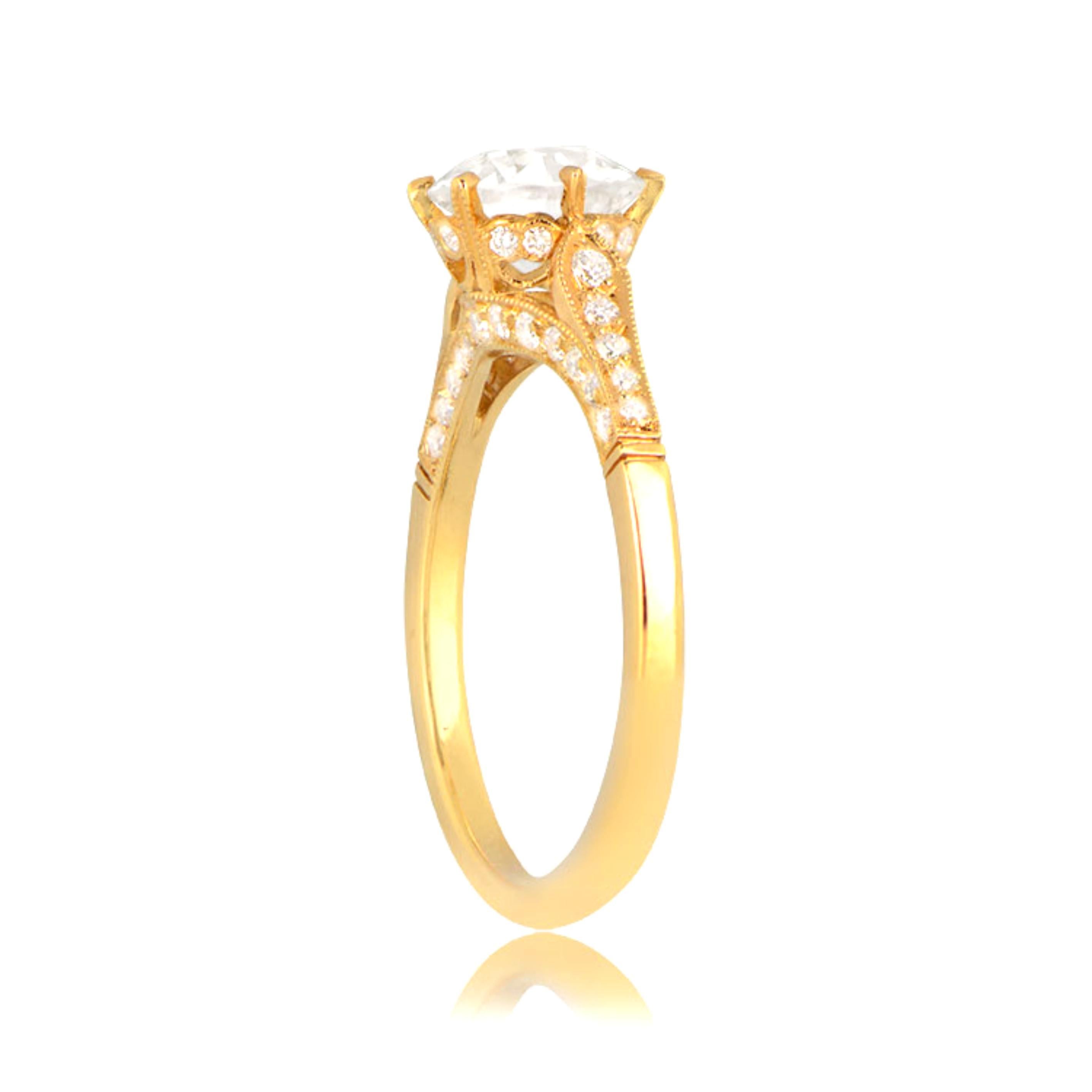 Art Deco 1.41 Carat Old-Euro Cut Diamond Engagement Ring, VS1 Clarity, 18k Yellow Gold
