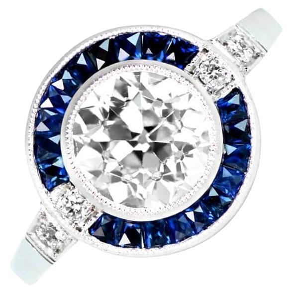 1.41 Carat Old Euro-Cut Diamond Engagement Ring, Vs1 Clarity, Sapphire Halo For Sale