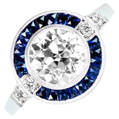 1.41 Carat Old Euro-Cut Diamond Engagement Ring, Vs1 Clarity, Sapphire Halo