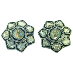 1.41ct Old Mine Cut ‘Polki Diamond’ Studs in Oxidized Sterling Silver, 14KT Gold