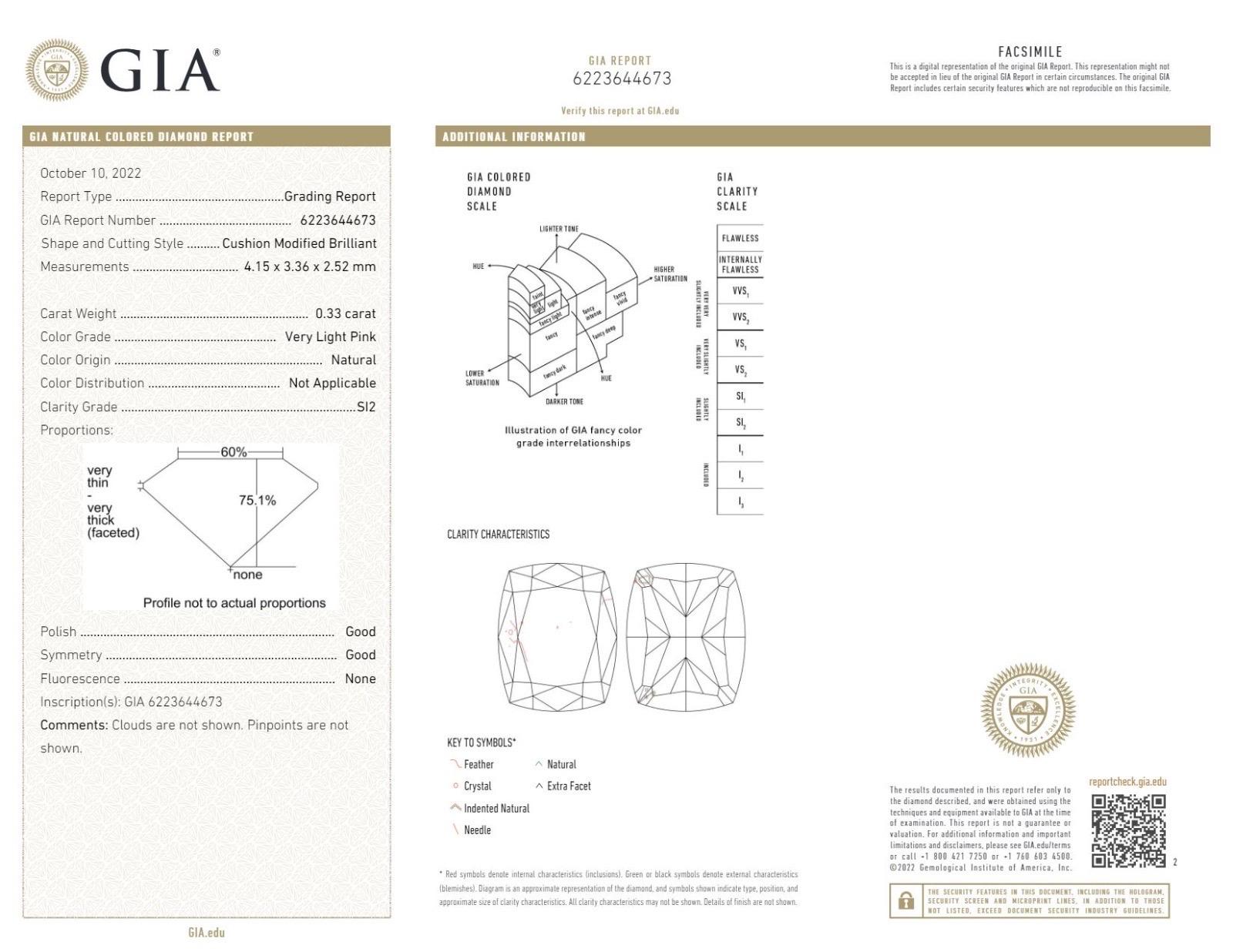 Gia certified center .33ct very light pink natural diamond set in 18k gold with an additional 1.08ct approximately of diamonds 