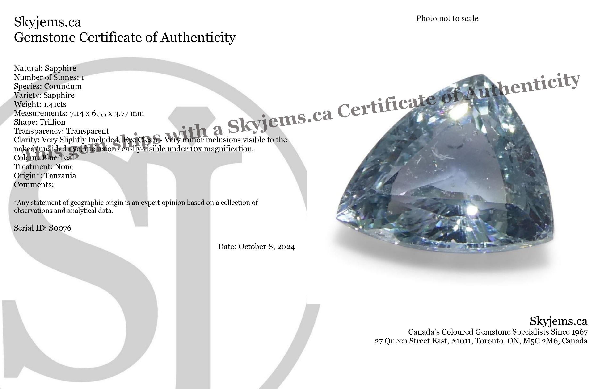 1.41ct Trillion Blue Teal Sapphire from Tanzania, Unheated en vente 9