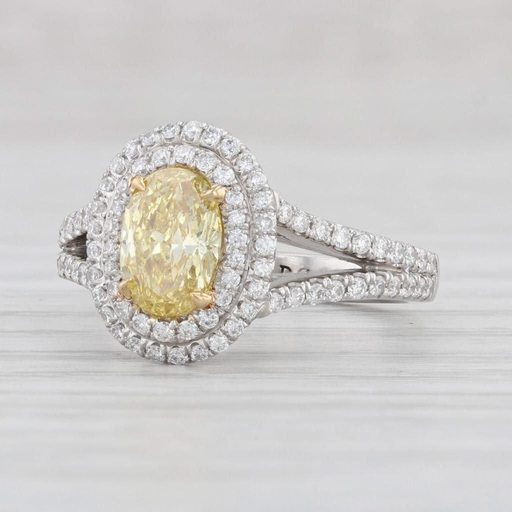 Gemstone Information:
*Natural Diamond* - Center
Carats - 1.01ct 
Cut - Oval Brilliant
Color - Fancy Intense Yellow
GIA# - 16307228 (A copy of the GIA report is included with the purchase of the ring.)

*Natural Diamonds* - Halos
Total Carats -