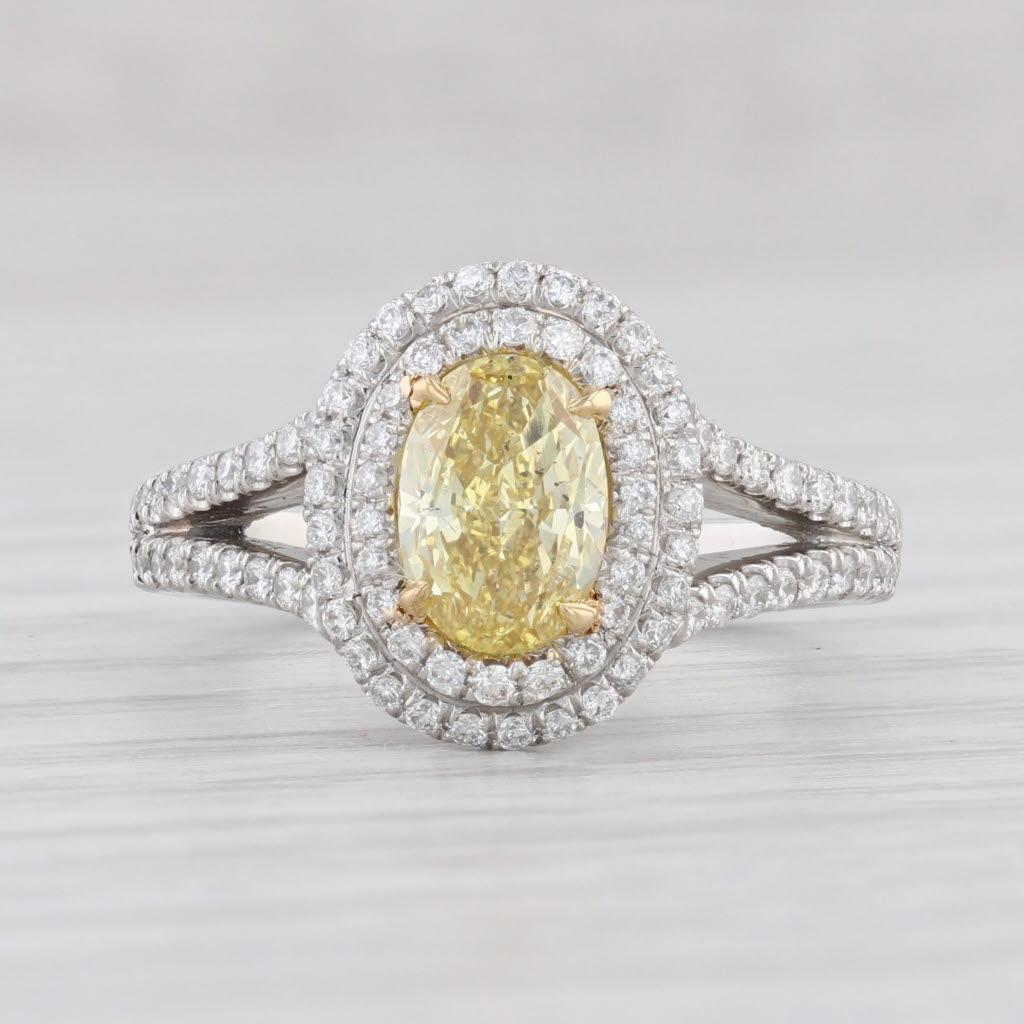 Oval Cut 1.41ctw Oval Yellow Diamond Halo Ring 950 Platinum Size 5.75 GIA Engagement For Sale