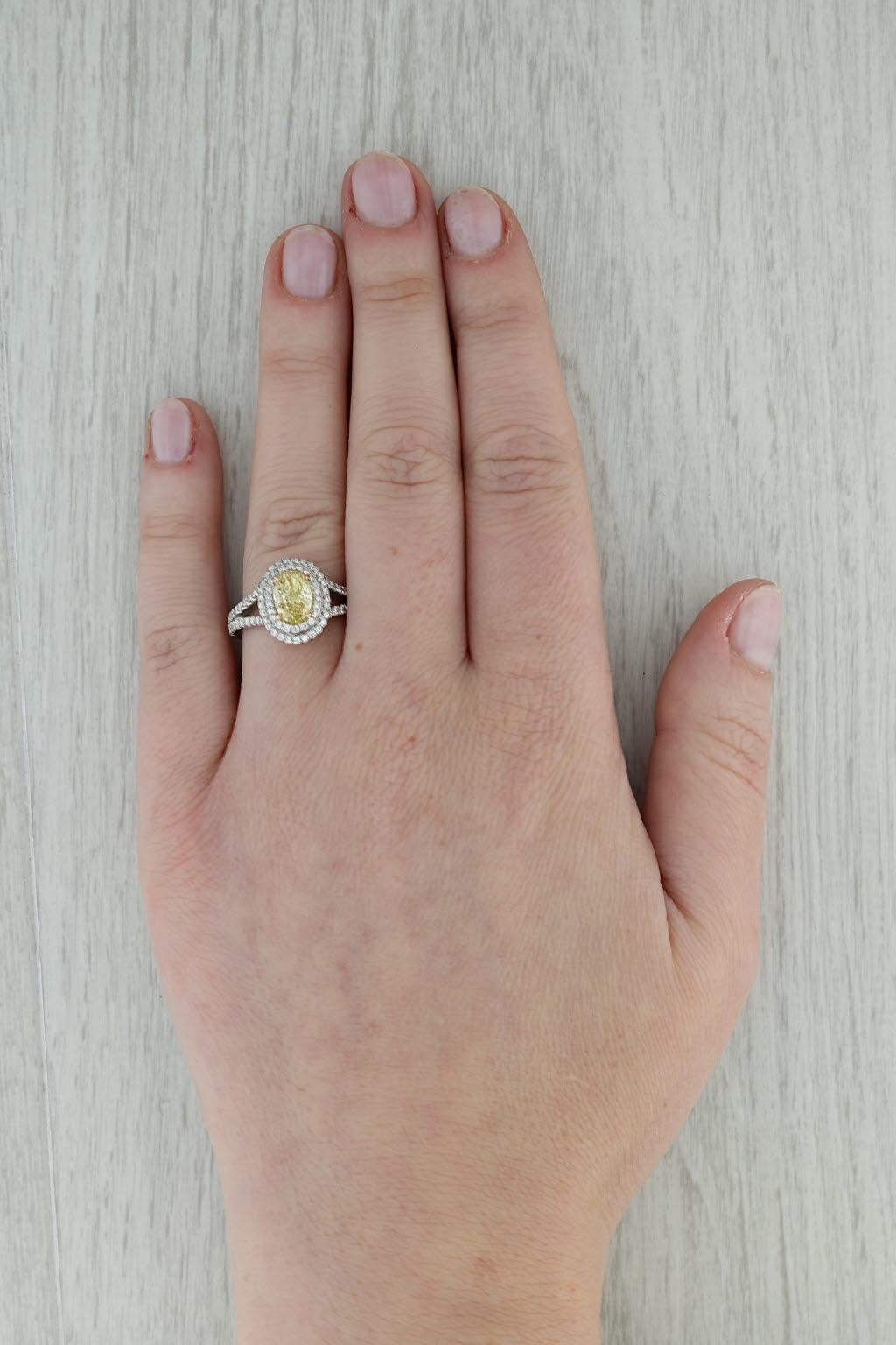 1.41ctw Oval Yellow Diamond Halo Ring 950 Platinum Size 5.75 GIA Engagement For Sale 4