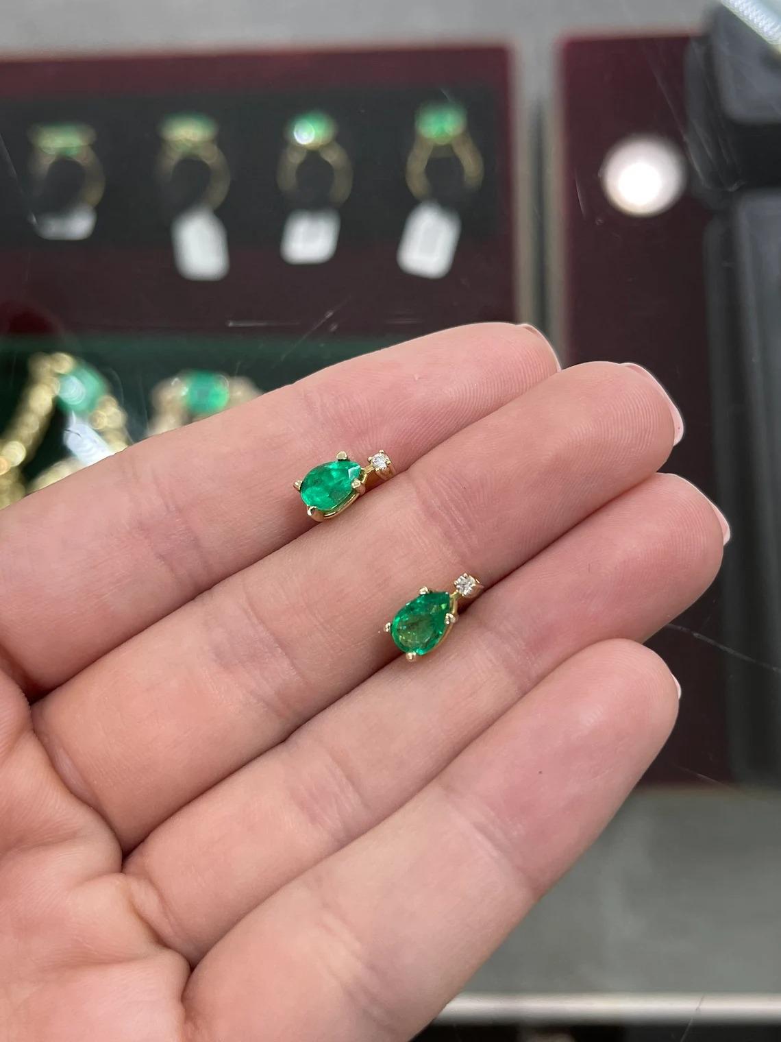 Modern 1.41tcw 14K Colombian Emerald-Pear Cut & Diamond Accent Stud Earrings For Sale