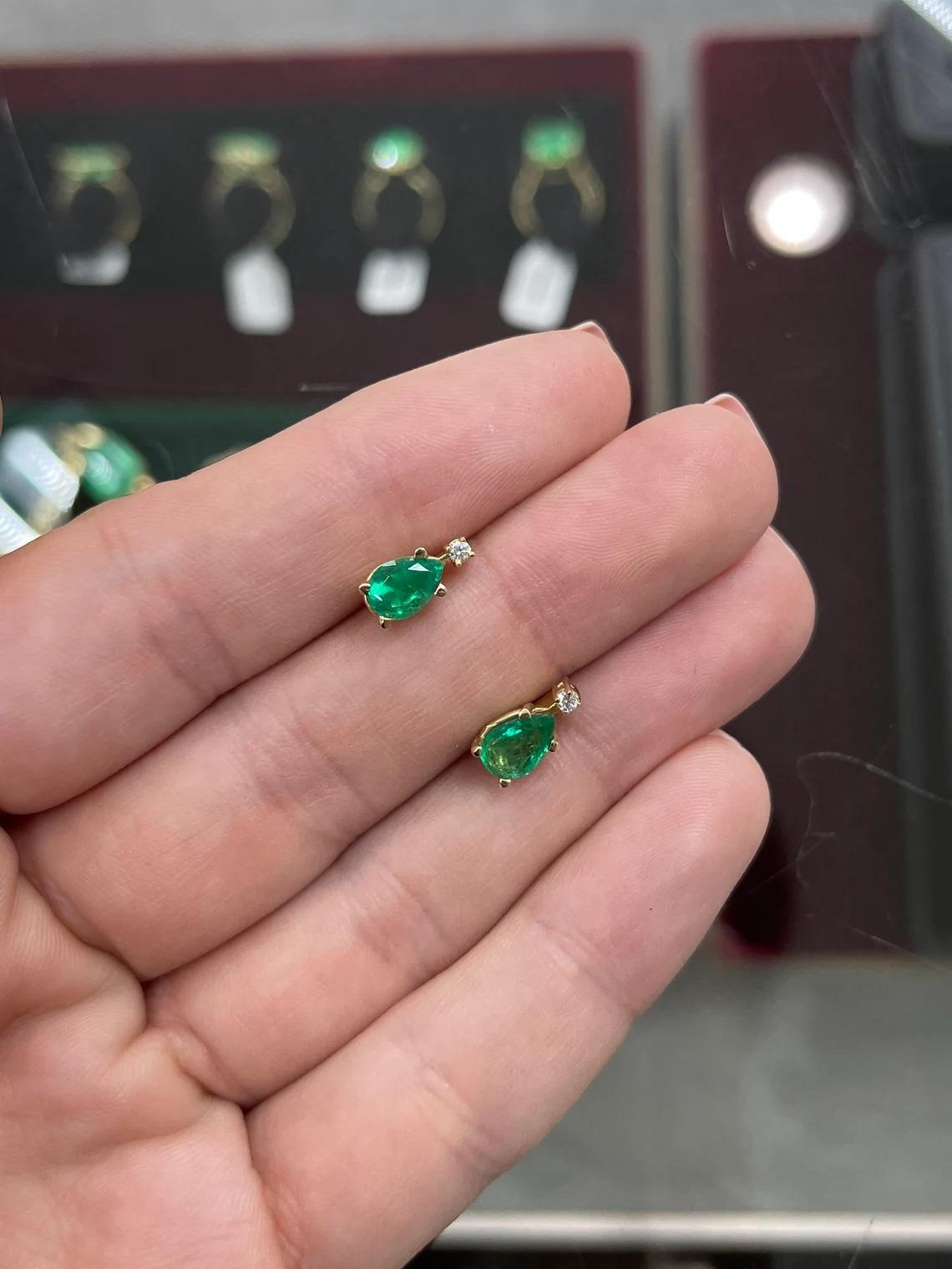 1.41tcw 14K Colombian Emerald-Pear Cut & Diamond Accent Stud Earrings In New Condition For Sale In Jupiter, FL
