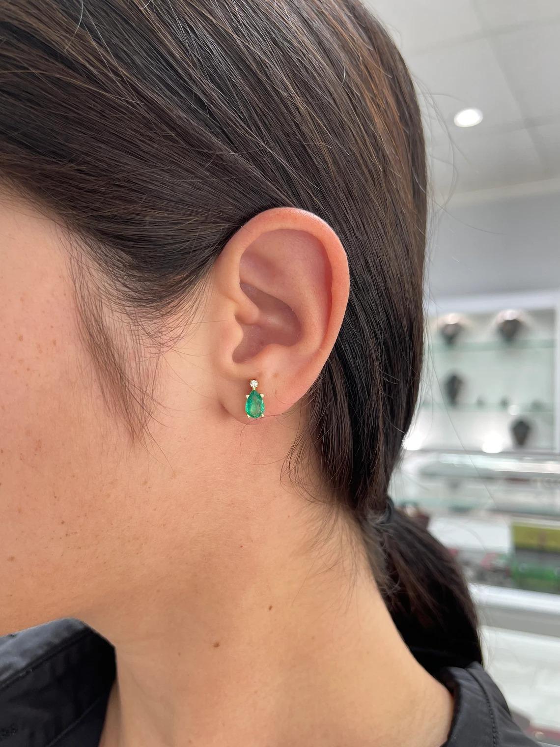Women's 1.41tcw 14K Colombian Emerald-Pear Cut & Diamond Accent Stud Earrings For Sale