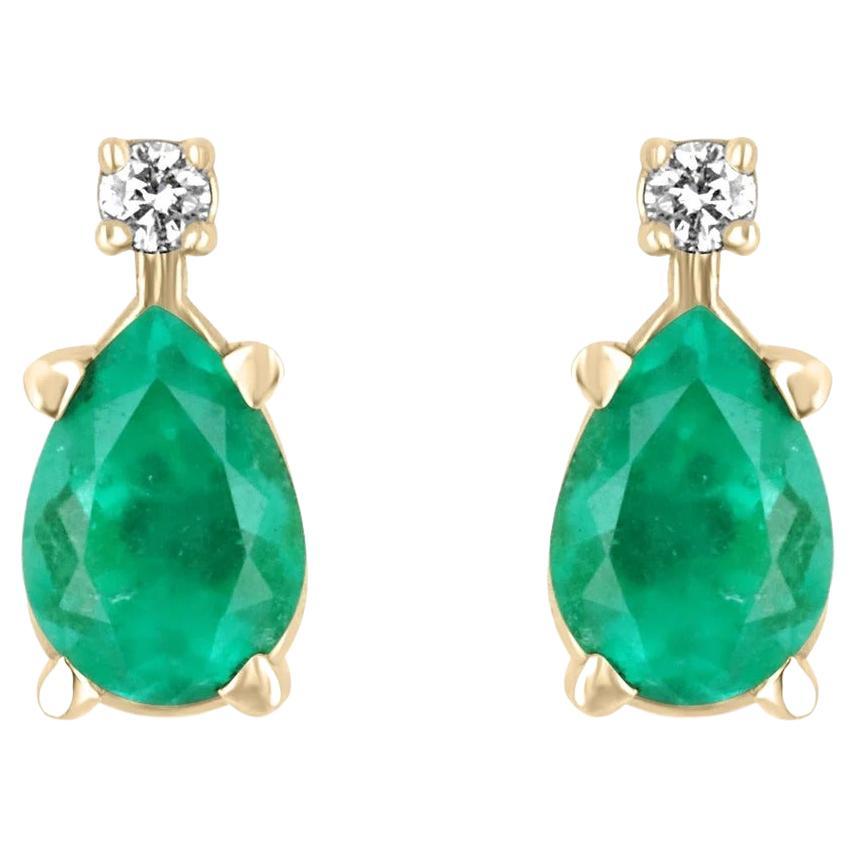 1.41tcw 14K Colombian Emerald-Pear Cut & Diamond Accent Stud Earrings For Sale