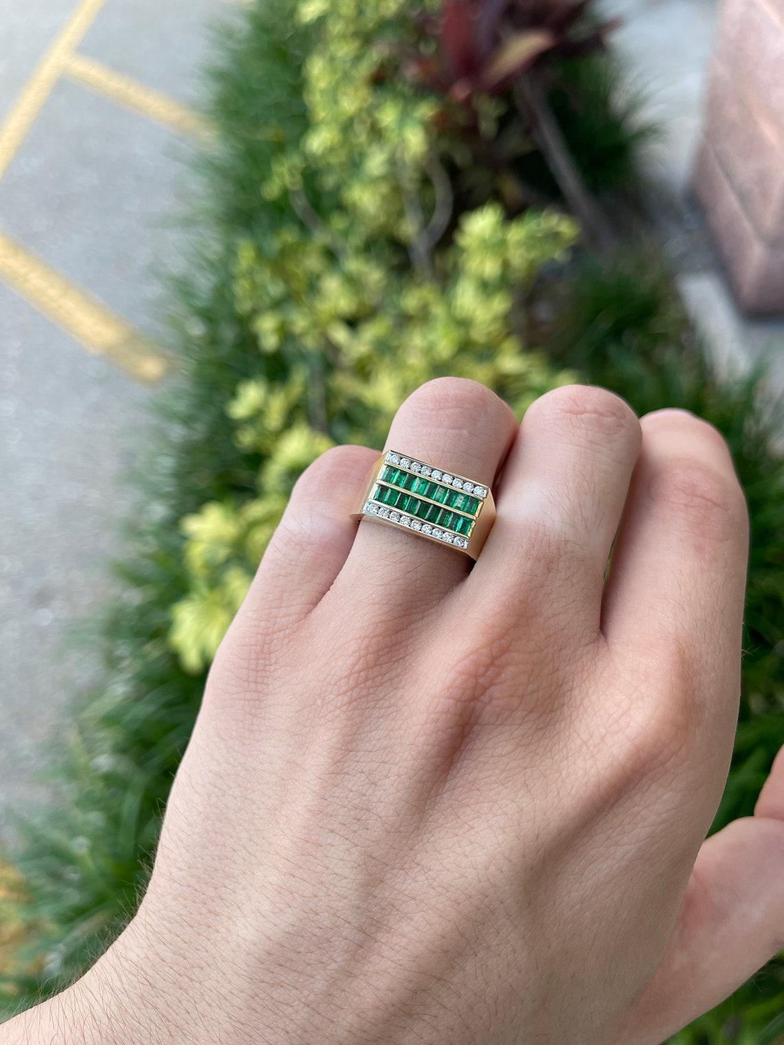 Emerald Cut 1.41tcw 14K Emerald & Diamond Men's Ring For Sale