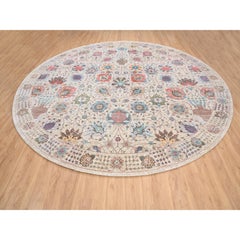 14'1"x14'1" Colorful Hand Knotted Tabriz with Flower Design Silk-Wool Round Rug