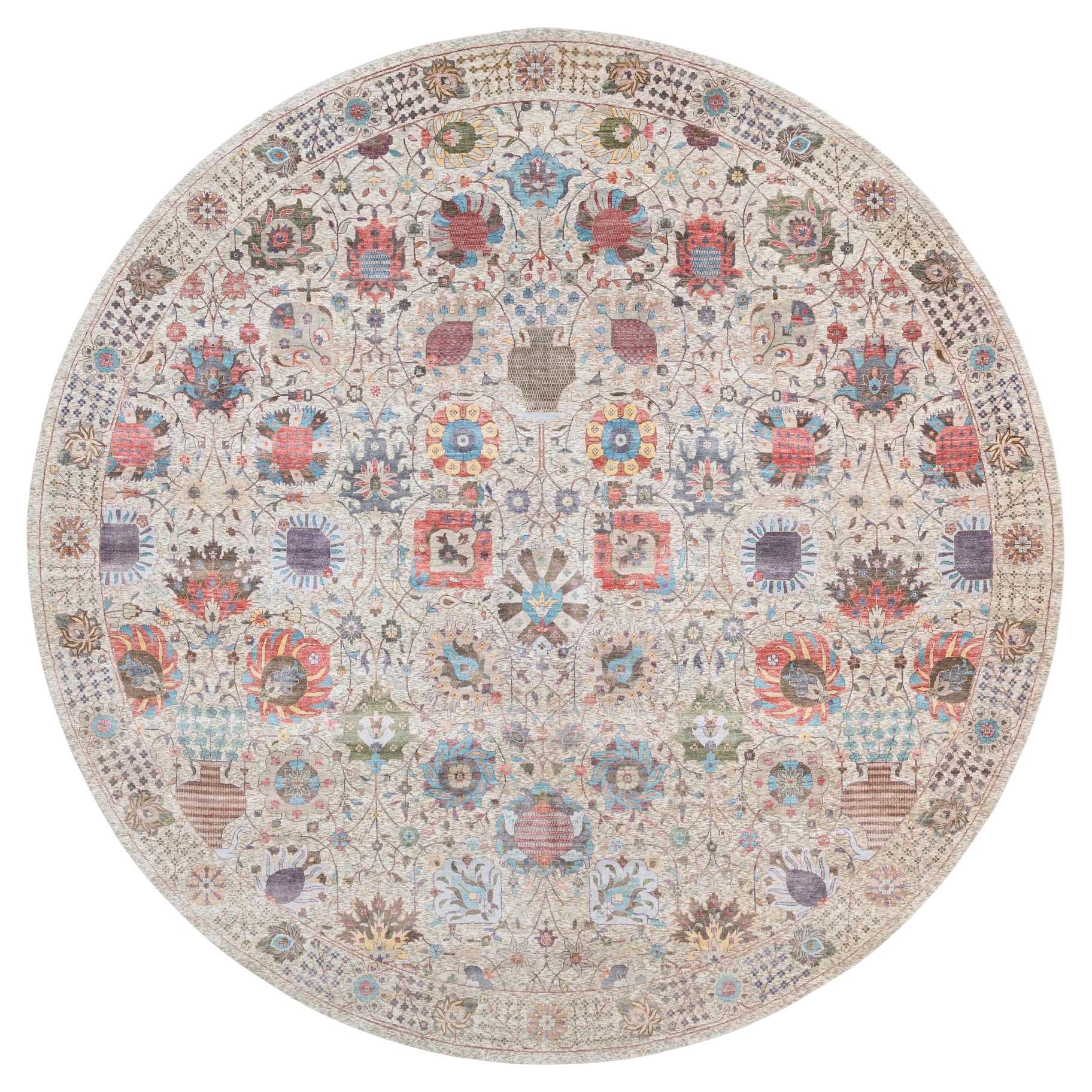 14'1 "x14'1" Tappeto rotondo Tabriz colorato annodato a mano con design floreale in lana e seta in vendita