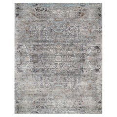 14'1"x14'1" Grauer handgeknüpfter quadratischer Teppich aus persischer Seidenwolle in Übergangsdesign