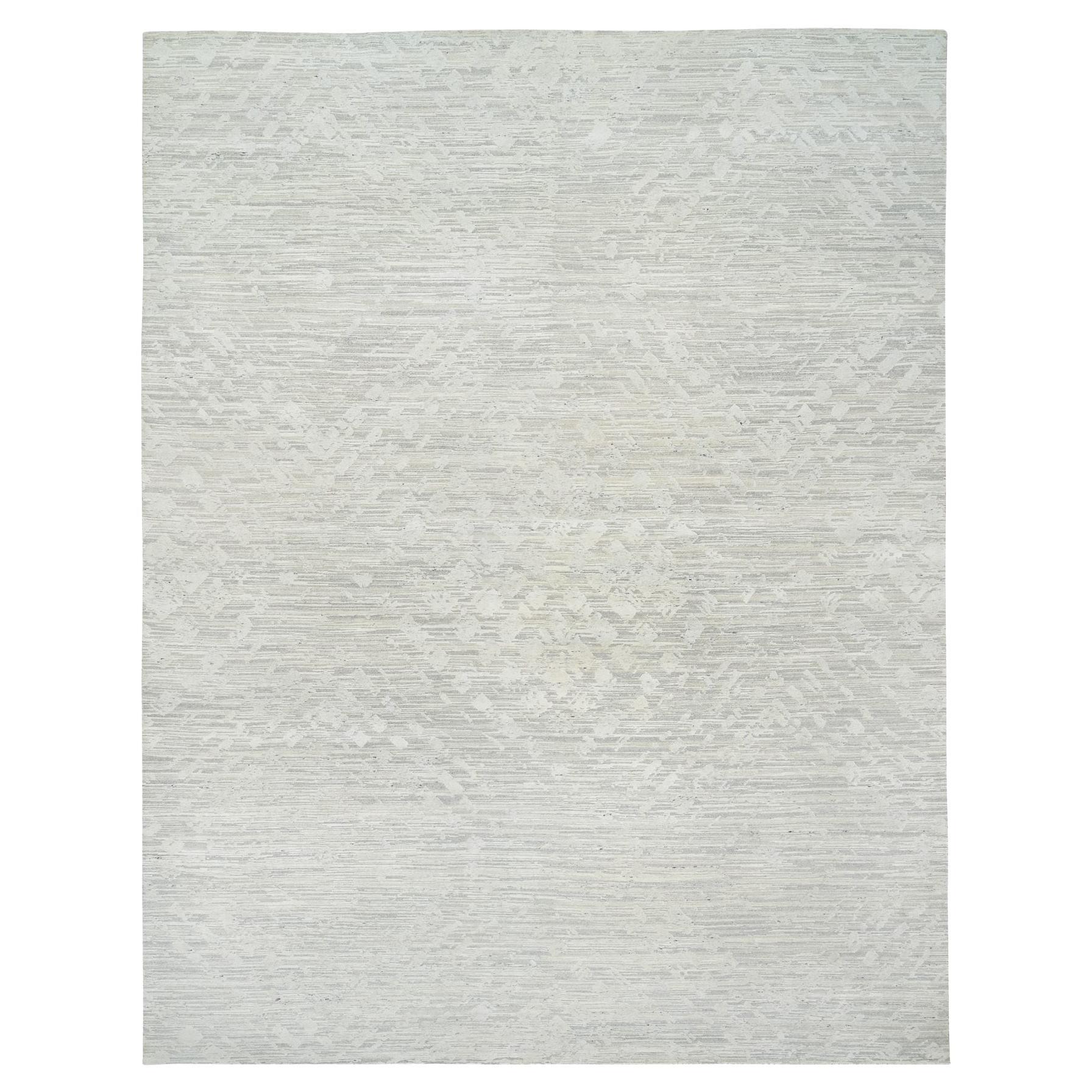 14'1 "x18' Hellgrauer handgeknüpfter moderner Design-Teppich aus natürlicher Wolle in Übergröße