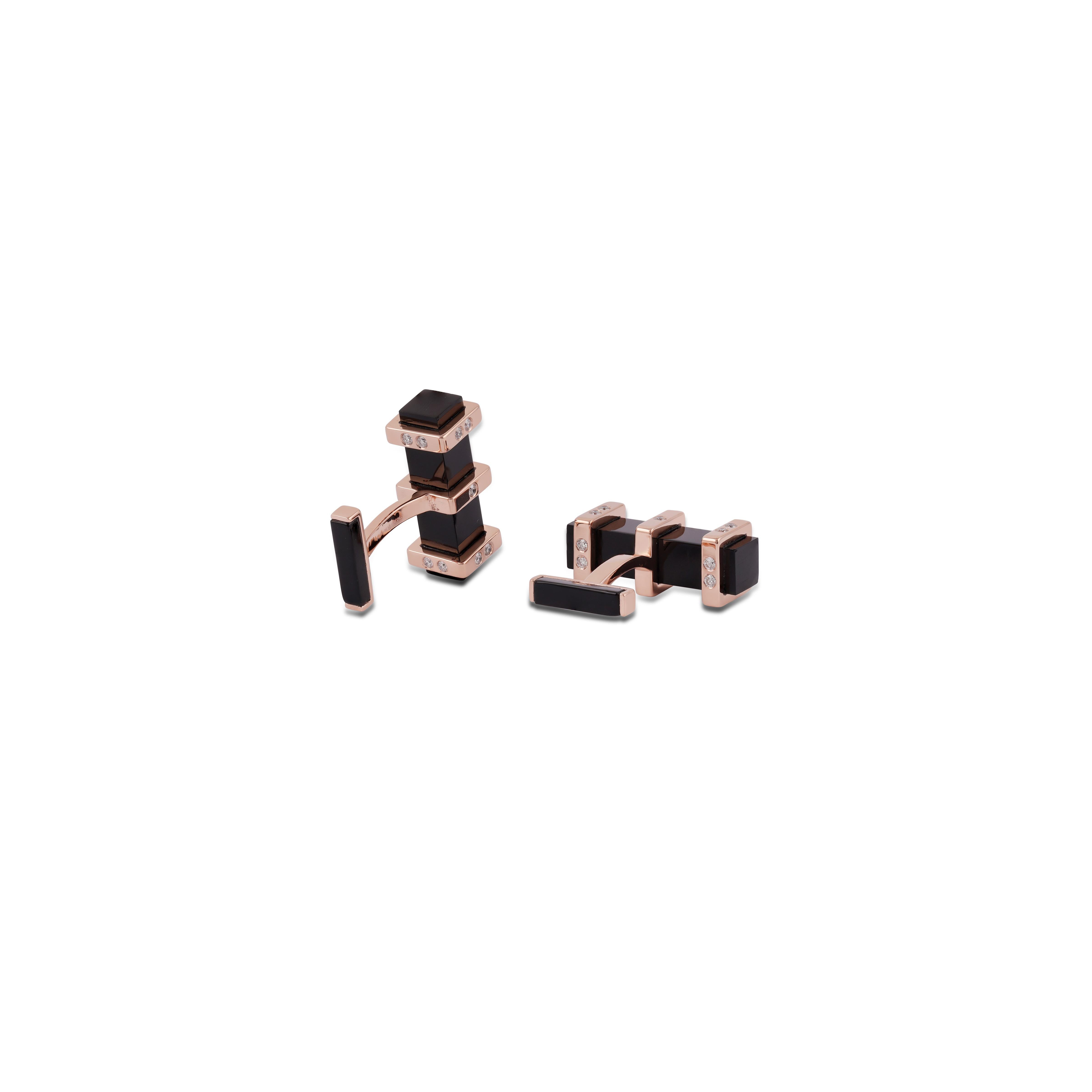 14.2 Carat Black Onyx Cufflinks With Diamond & 18k Rose Gold  In New Condition For Sale In Jaipur, Rajasthan