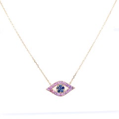 1.42 Carat Blue Pink Sapphire Yellow Gold Evil Eye Chain Pendant