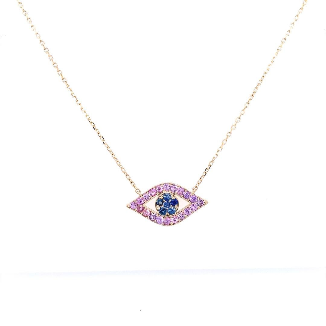 Modern 1.42 Carat Blue Pink Sapphire Yellow Gold Evil Eye Chain Pendant For Sale