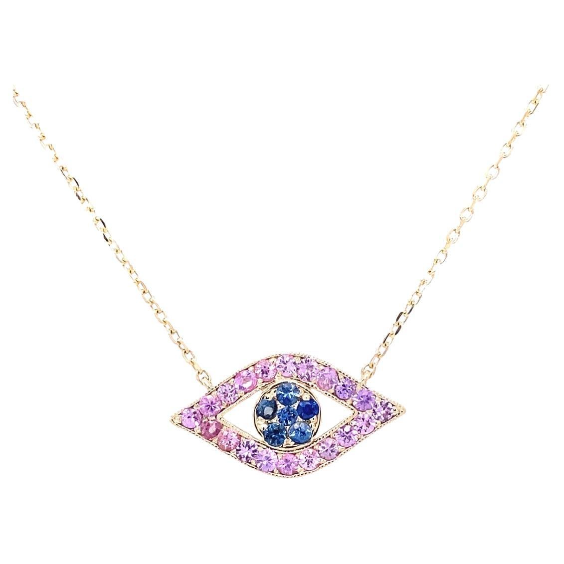 1.42 Carat Blue Pink Sapphire Yellow Gold Evil Eye Chain Pendant For Sale