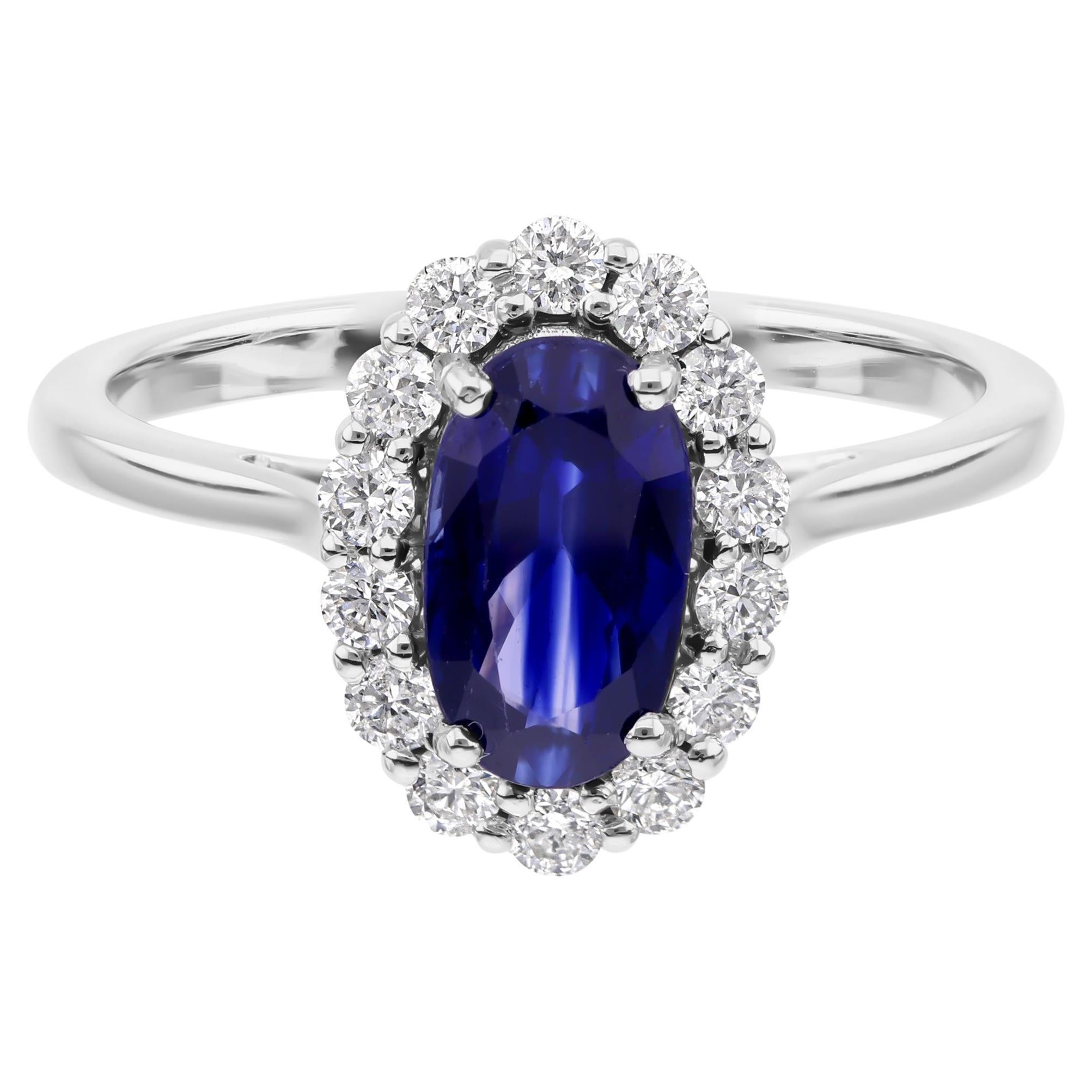 1.42 Carat Blue Sapphire 0.37 Carat SI/H Diamond Cocktail Ring 18k White Gold For Sale