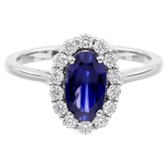 1.42 Carat Blue Sapphire 0.37 Carat SI/H Diamond Cocktail Ring 18k White Gold