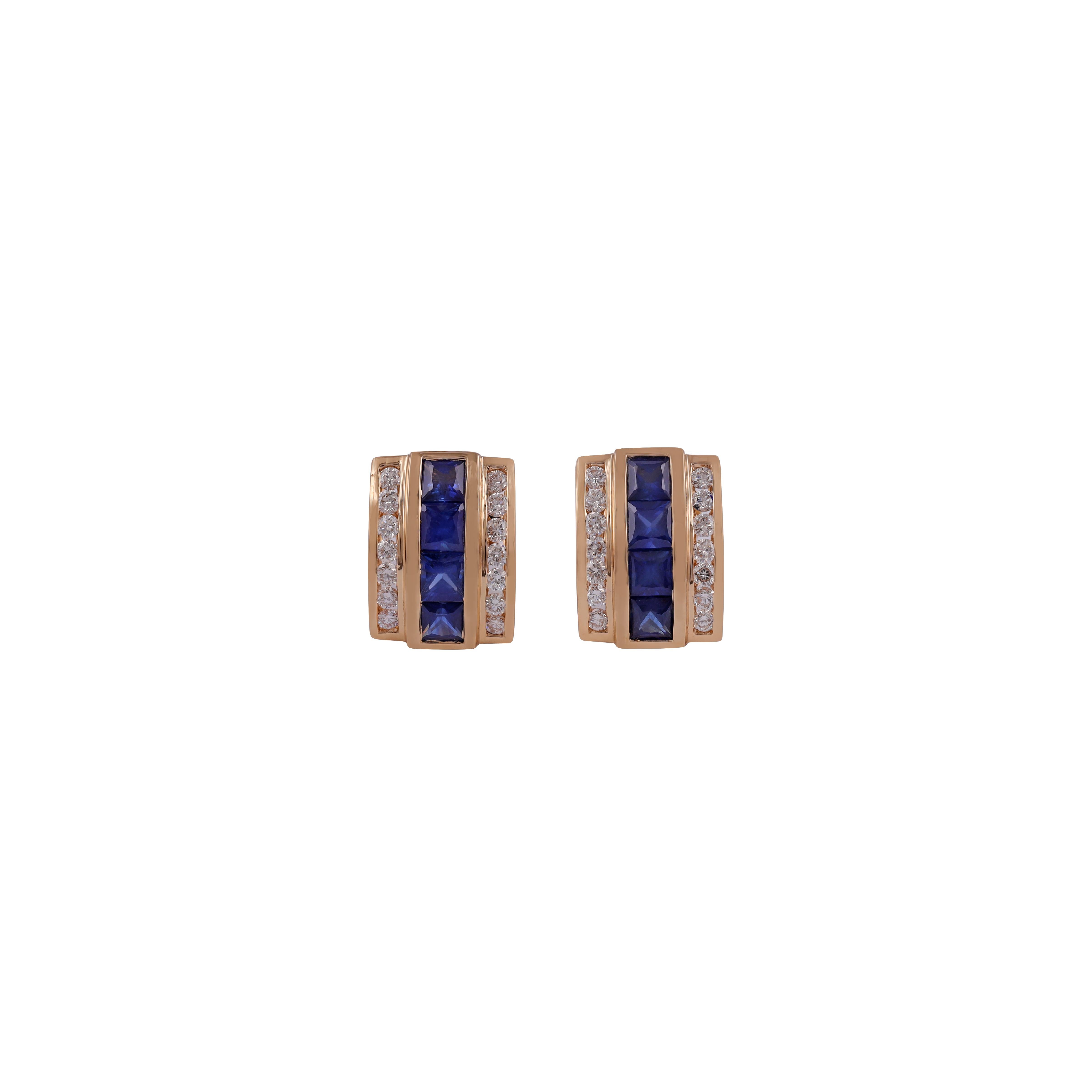 This is an elegant Stud earring pair with Sapphire & diamonds feature 8 pieces  Sapphire weight 1.42 carats, 28 pieces of  diamonds weight 0.42 carat , these earrings entirely made in 18K Yellow gold weight 4.38 grams.