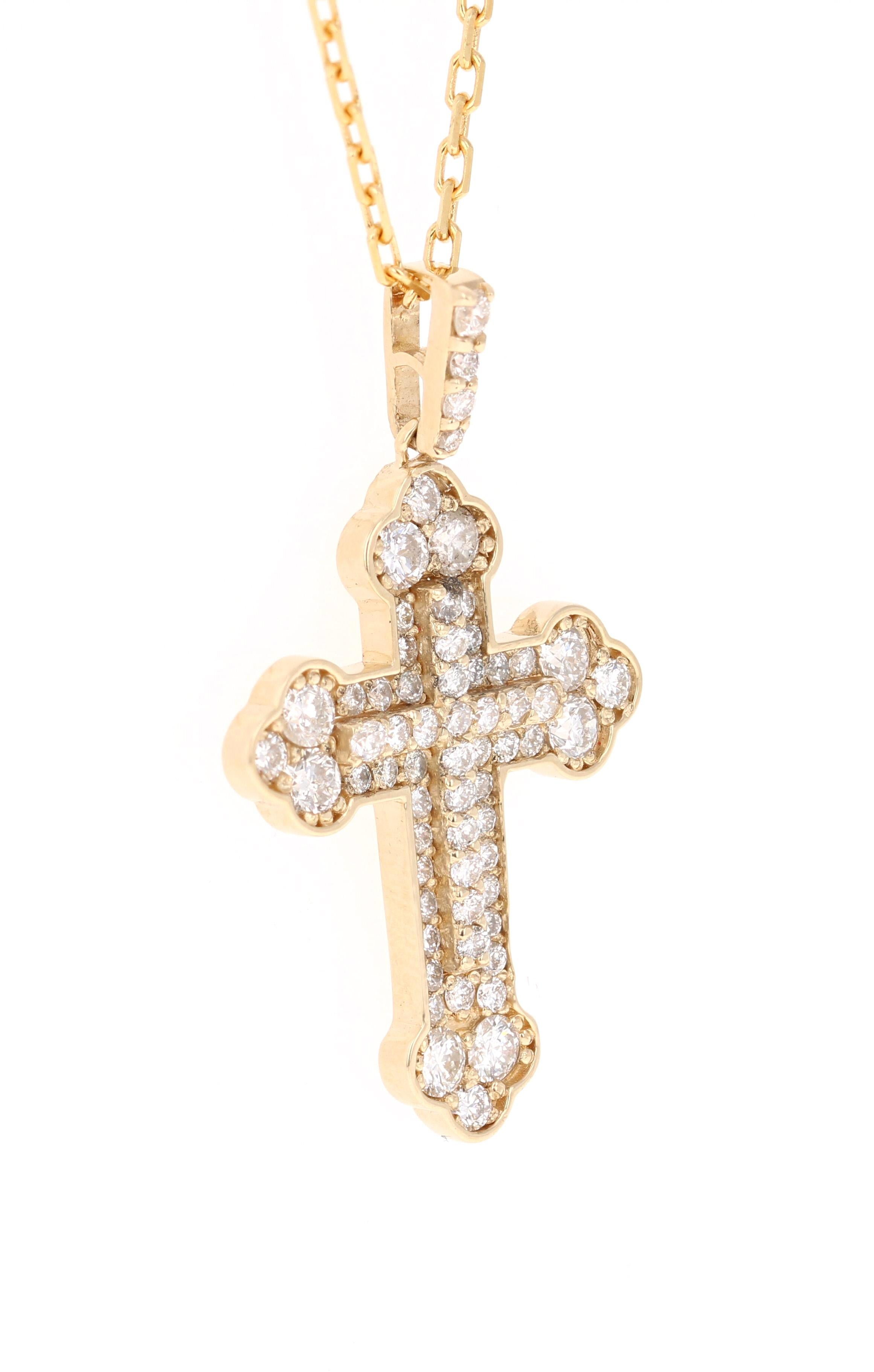 Modern 1.42 Carat Cross Pendant 14 Karat Yellow Gold Chain Necklace