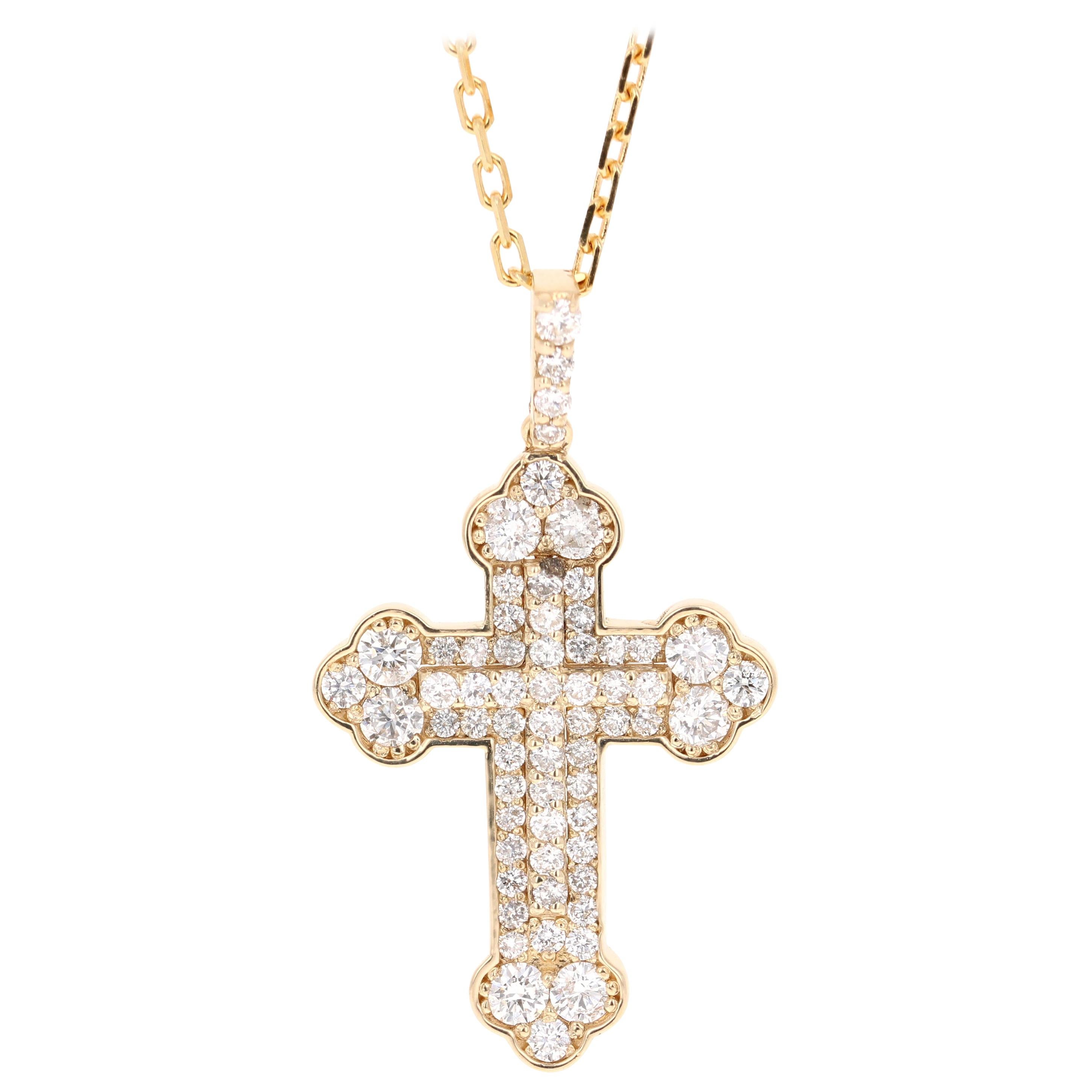 1.42 Carat Cross Pendant 14 Karat Yellow Gold Chain Necklace