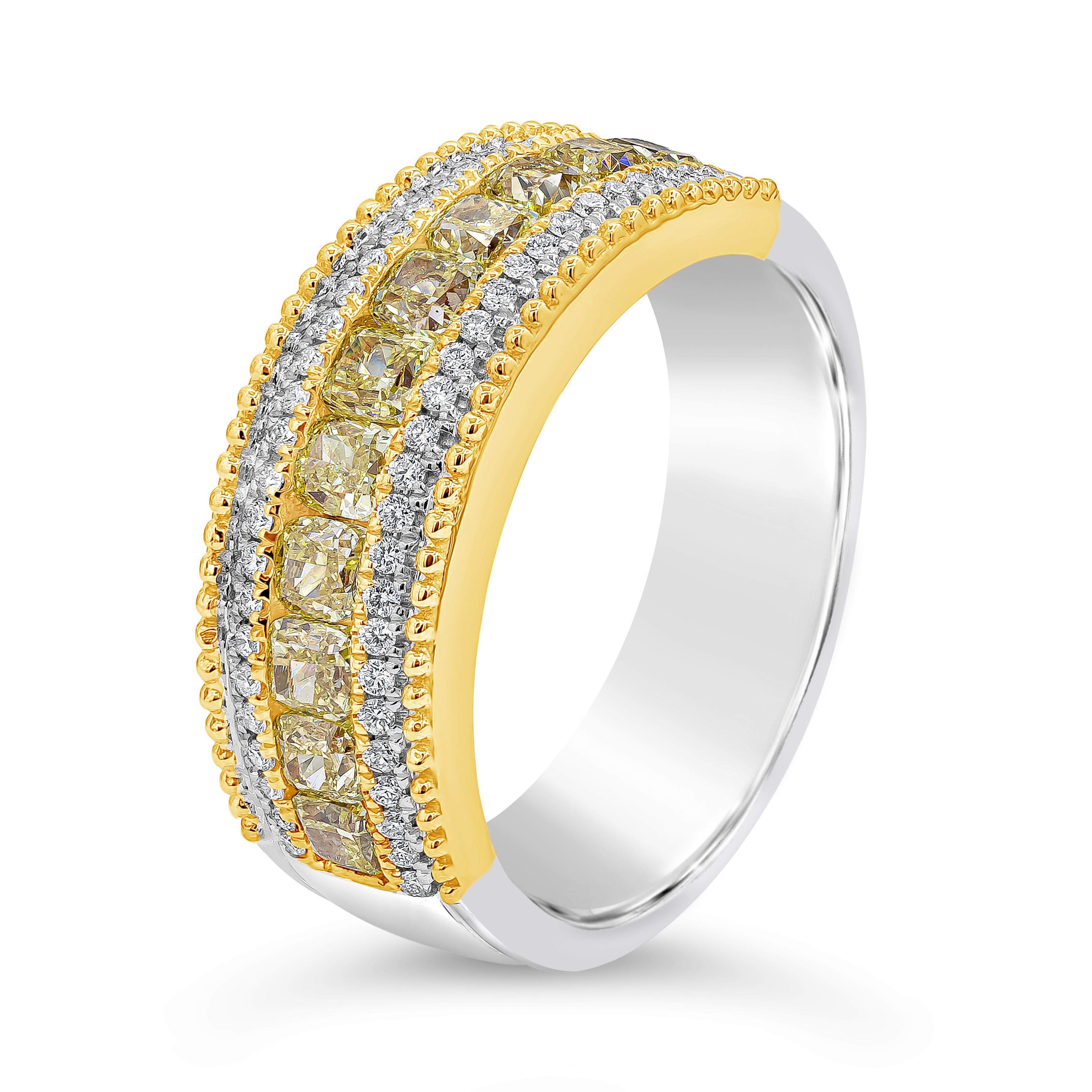Contemporary Roman Malakov 1.42 Carats Cushion Cut Fancy Yellow Diamond Ring For Sale