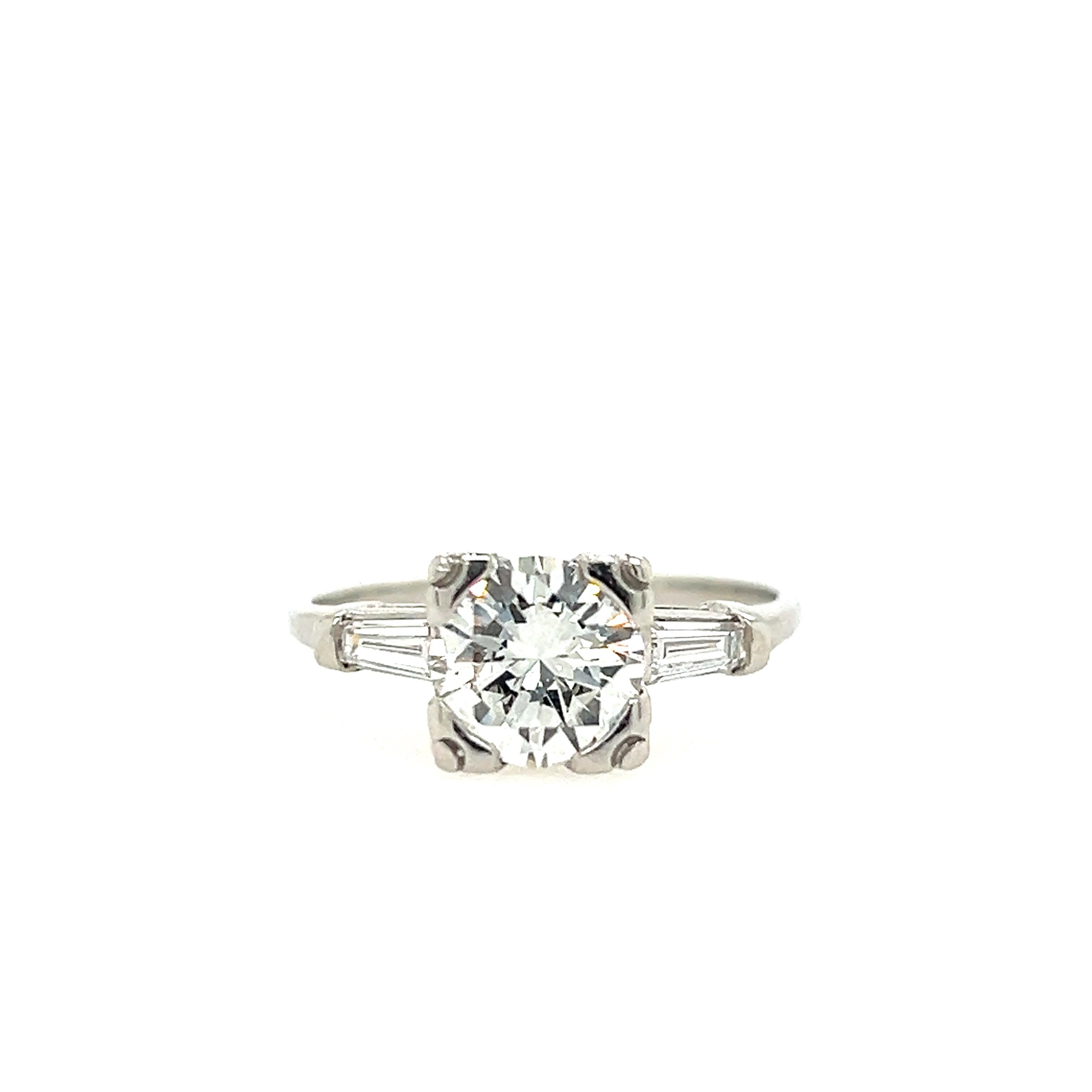 Round Cut 1.42 Carat Diamond Platinum Engagement Ring 1950s For Sale