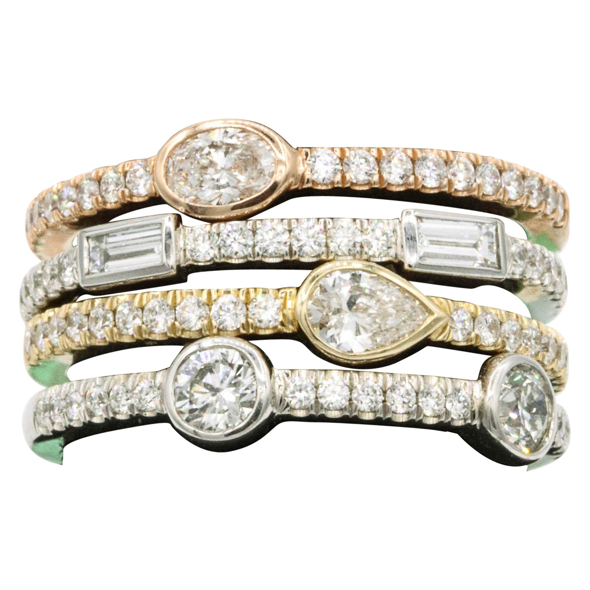 1.42 Carat Diamond Tri Color Stackable Rings For Sale