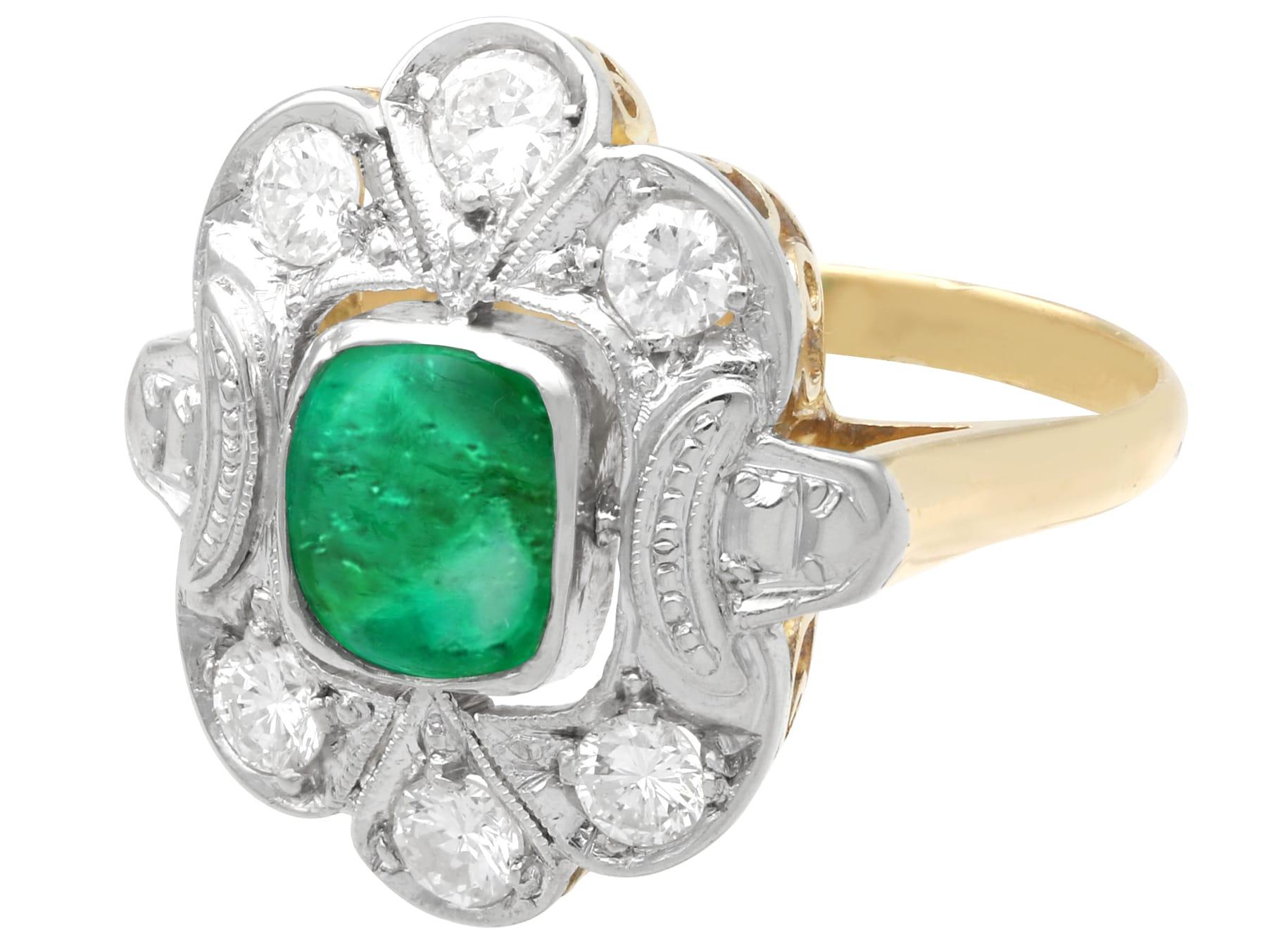 Women's or Men's 1.42 Carat Emerald 0.85 Carat Diamond 18k Yellow Gold Dress Ring Circa 1930 For Sale