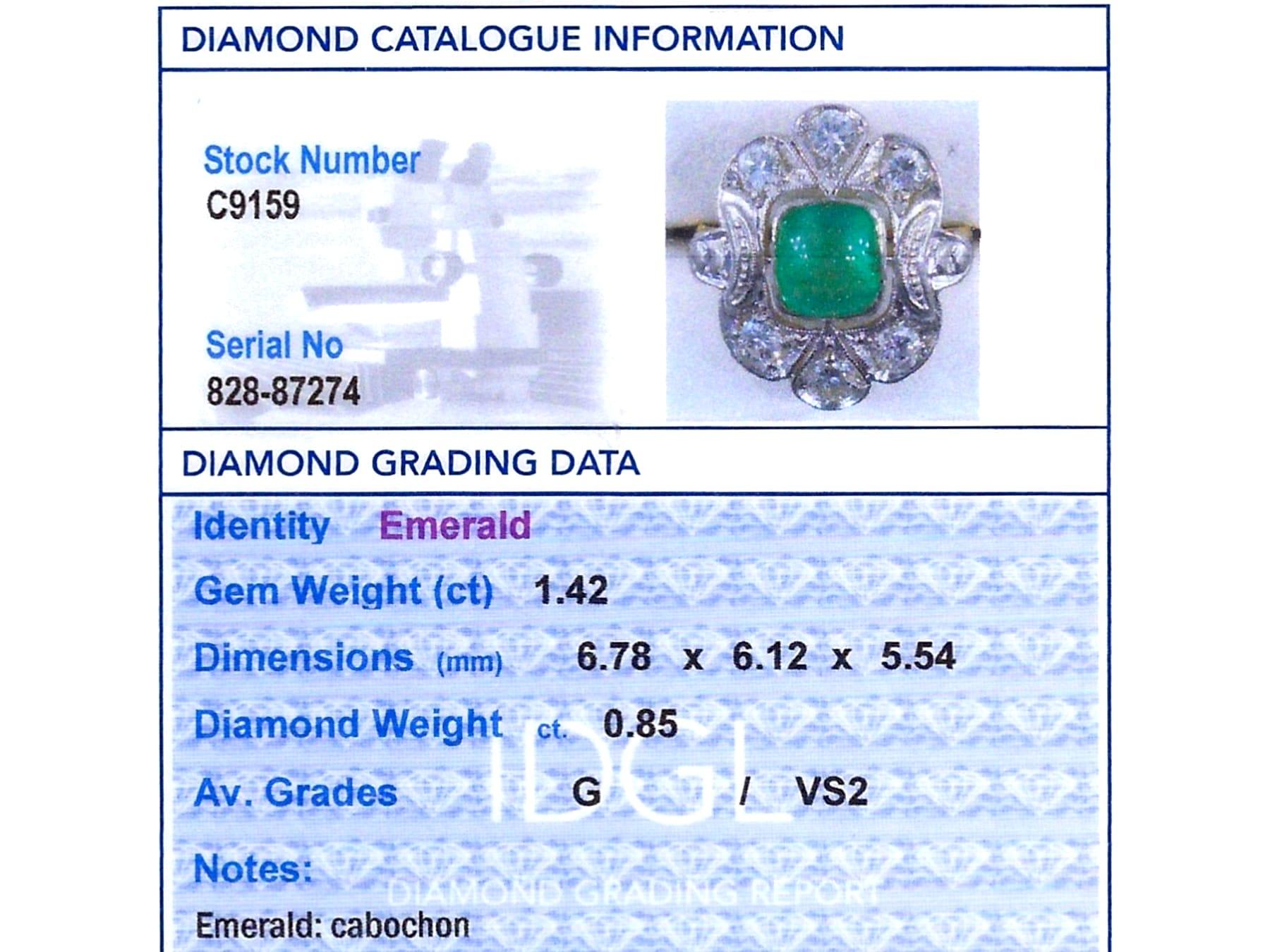 1.42 Carat Emerald 0.85 Carat Diamond 18k Yellow Gold Dress Ring Circa 1930 For Sale 3