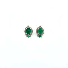 1.42 Carat Vintage Inspired Oval Emerald Earrings with Pave Diamond Halo Jewelry