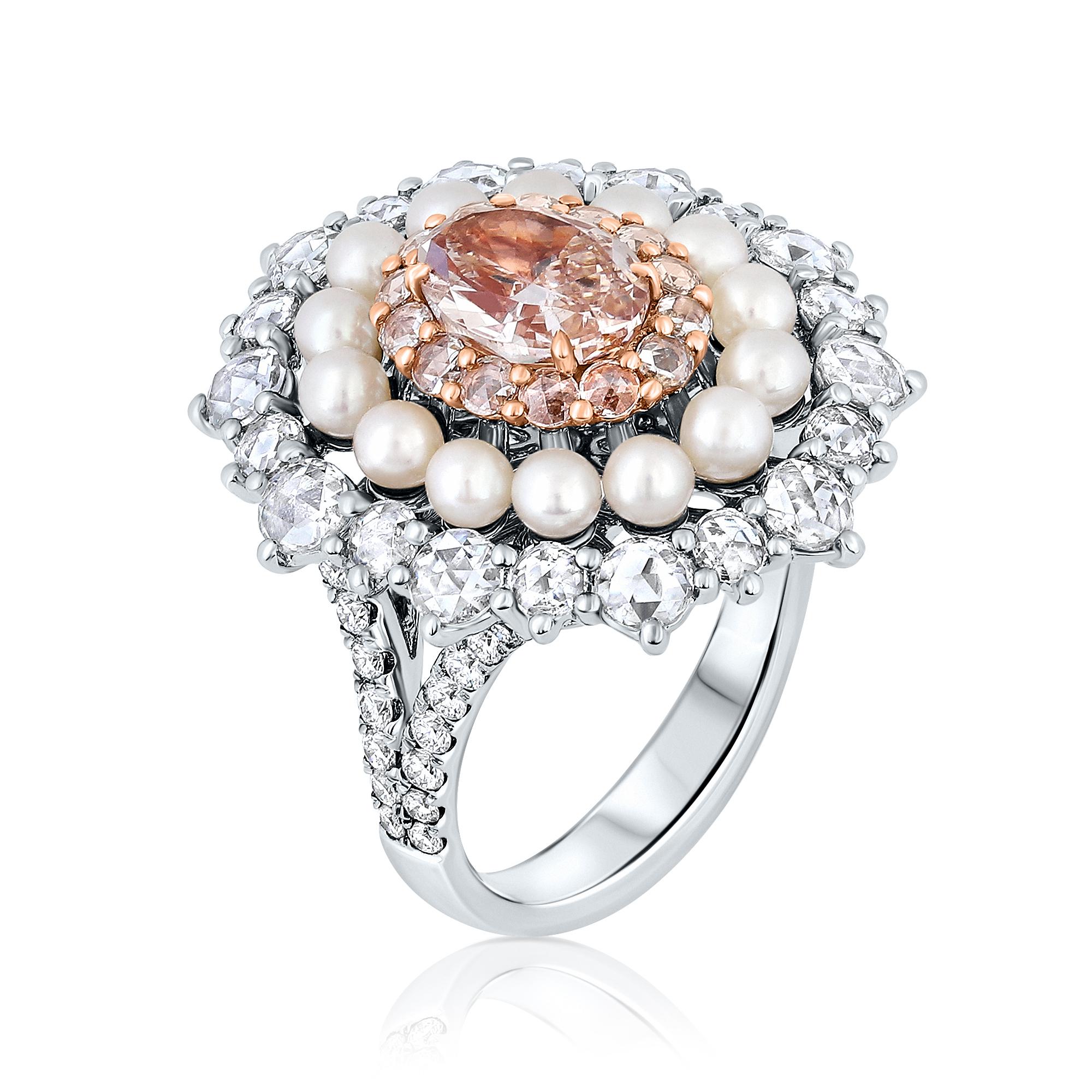 1.42 Carat Fancy Pink-Brown Diamond Cocktail Ring With Pearls, GIA Rerport. In New Condition For Sale In New York, NY