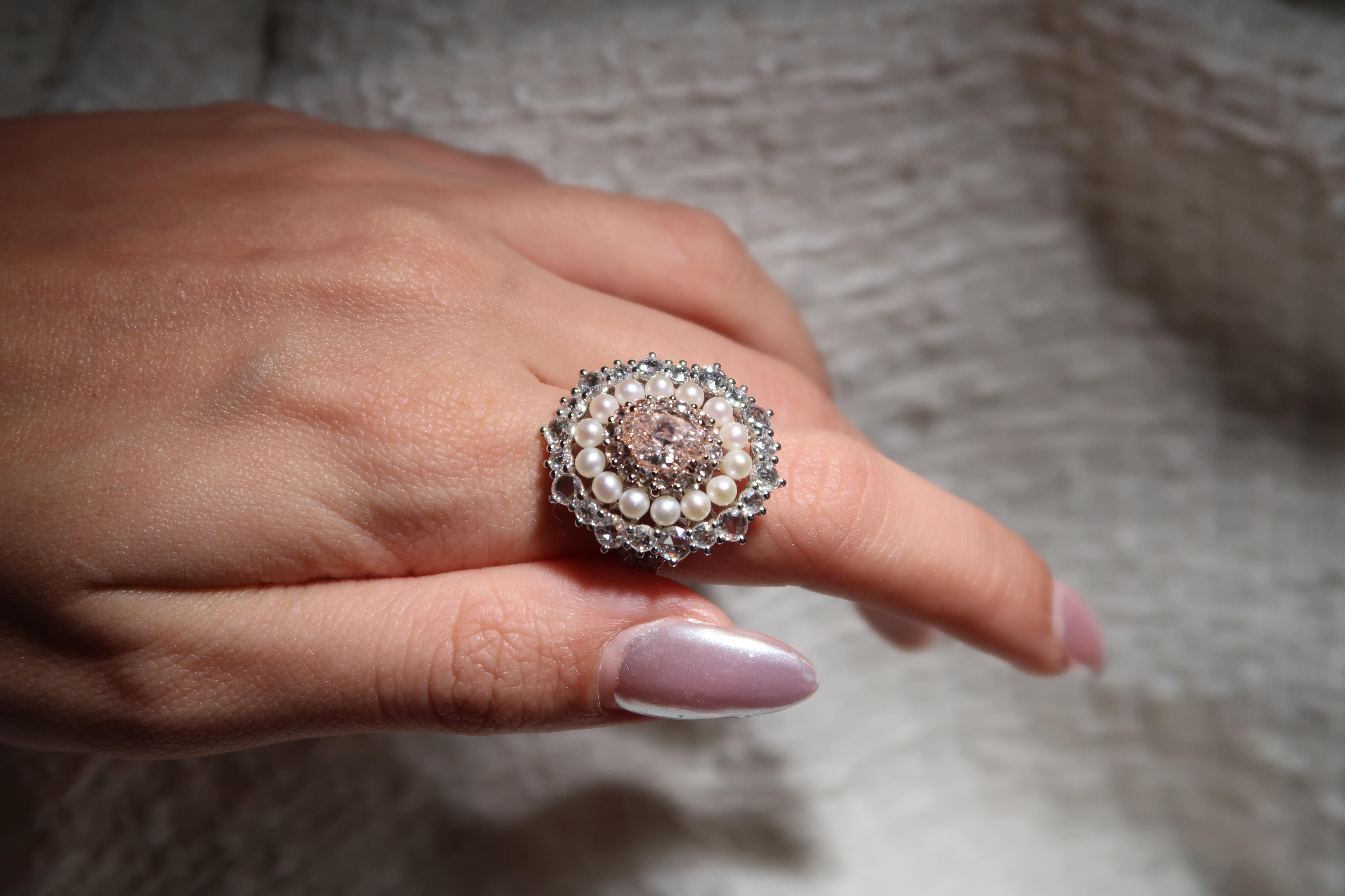 Victorian 1.42 Carat Fancy Pink-Brown Diamond Cocktail Ring With Pearls, GIA Rerport. For Sale