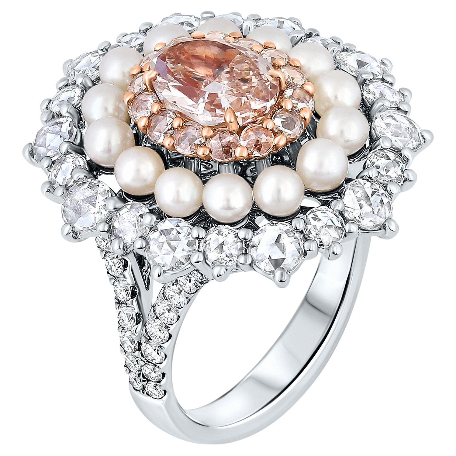 1.42 Carat Fancy Pink-Brown Diamond Cocktail Ring With Pearls, GIA Rerport. For Sale