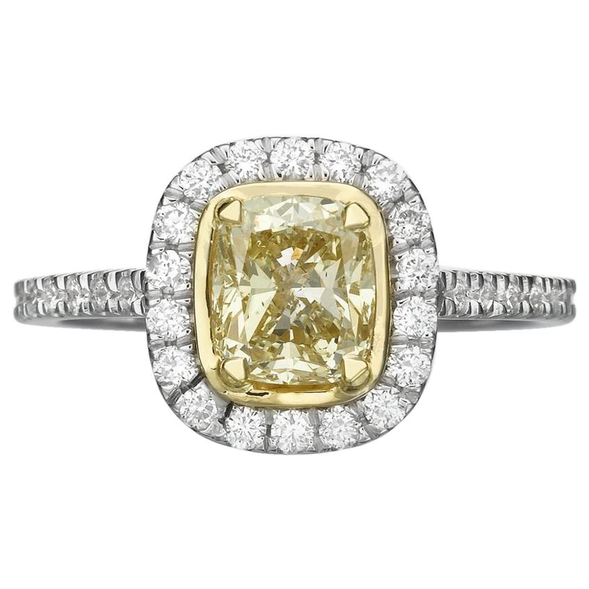 1.42 Carat Fancy Yellow Cushion Cut Diamond Engagement Ring For Sale