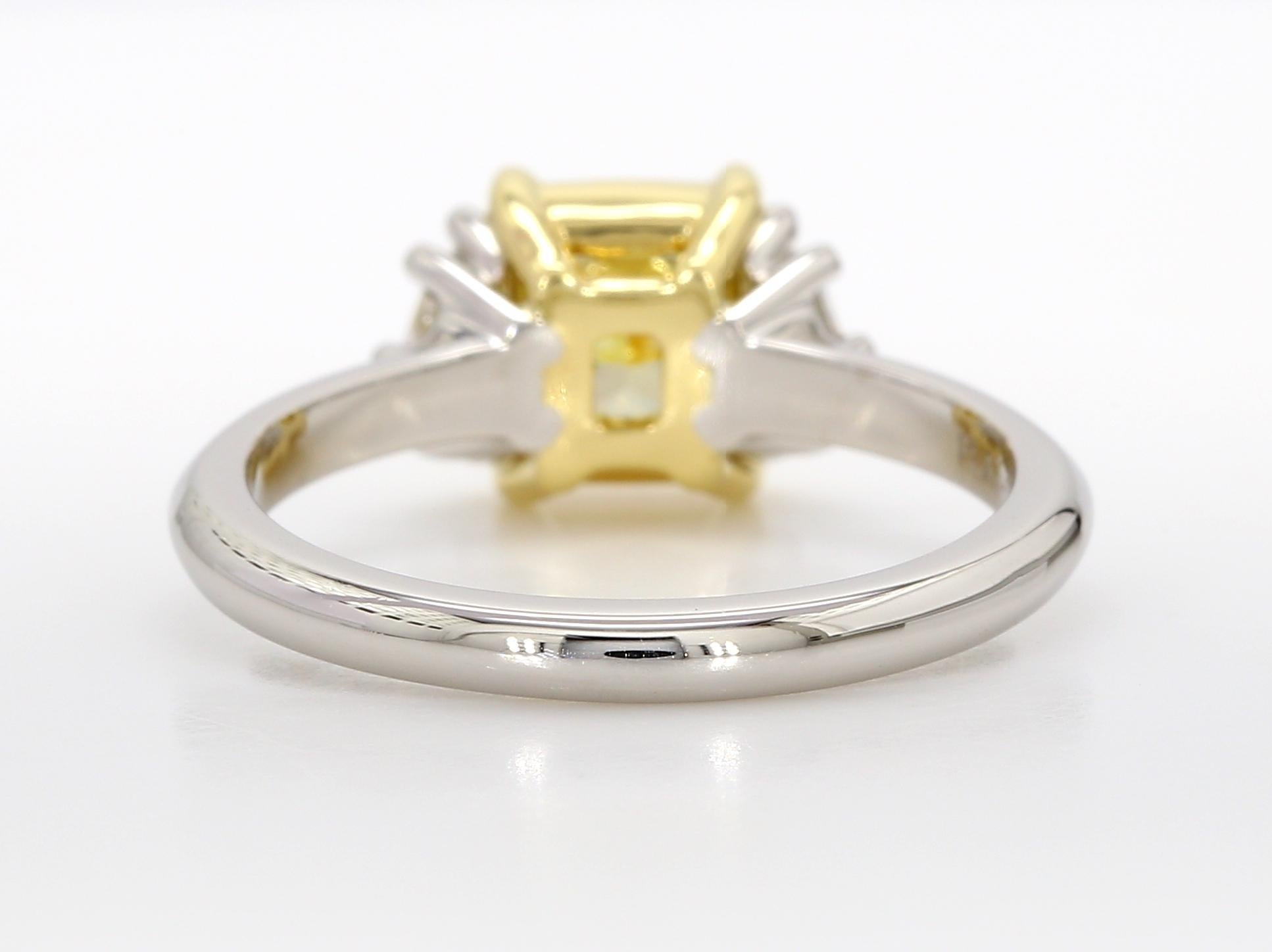 Women's 1.42 Carat Fancy Yellow Diamond Three-Stone Engagement Ring, GIA, IF, Platinum. For Sale