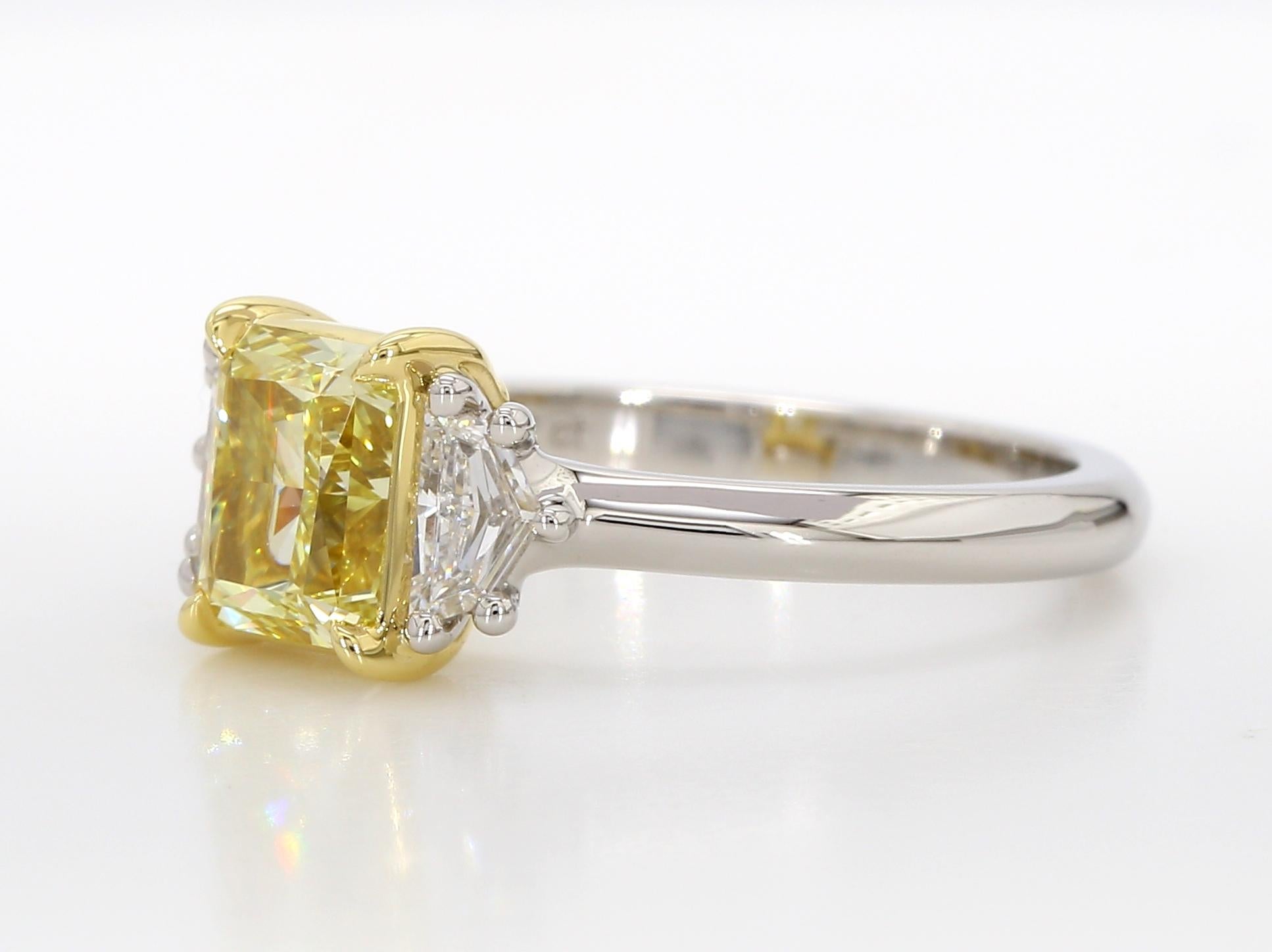 1.42 Carat Fancy Yellow Diamond Three-Stone Engagement Ring, GIA, IF, Platinum. For Sale 3