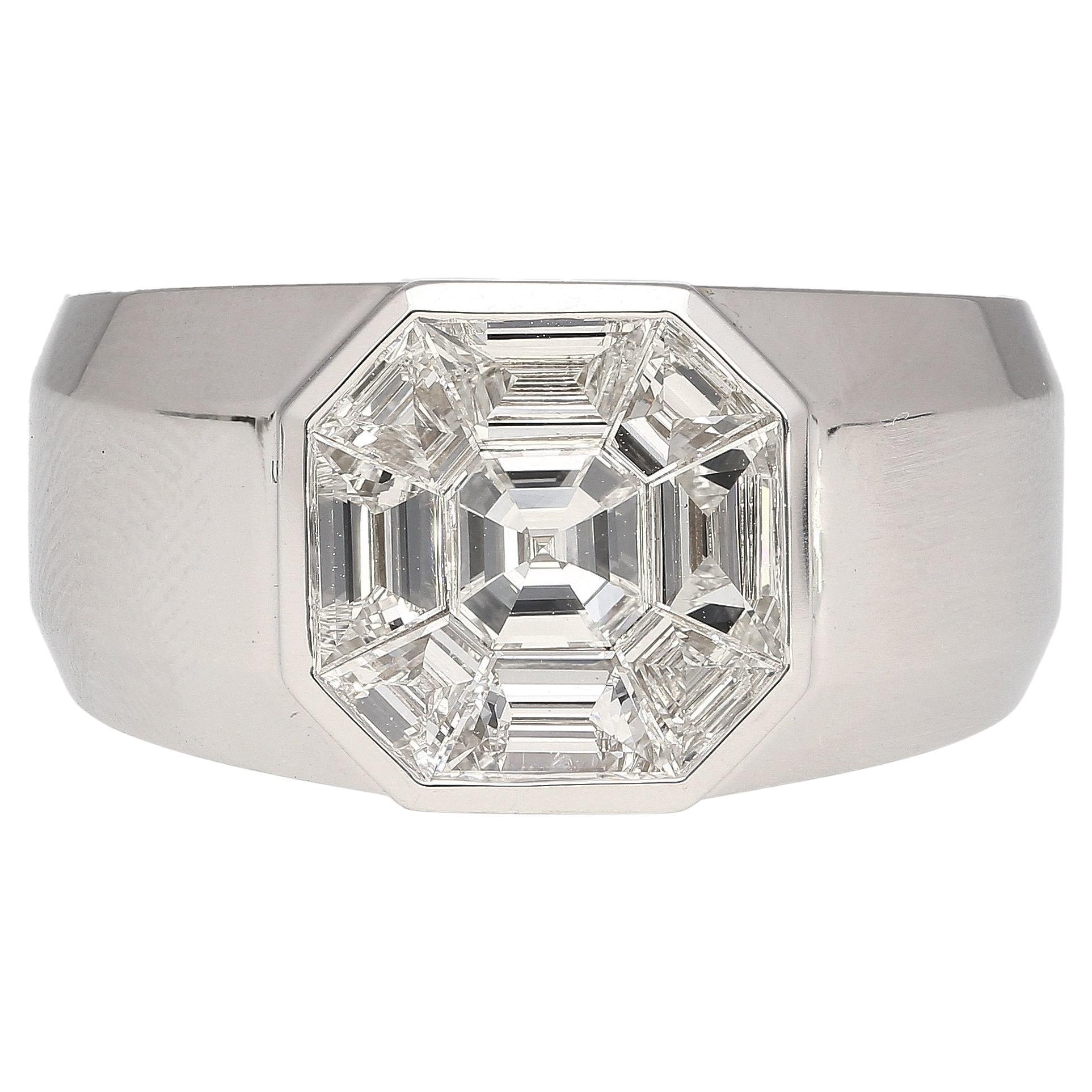 1.42 Carat Mixed Cut Illusion Set Mens Natural Diamond Cluster Ring For Sale